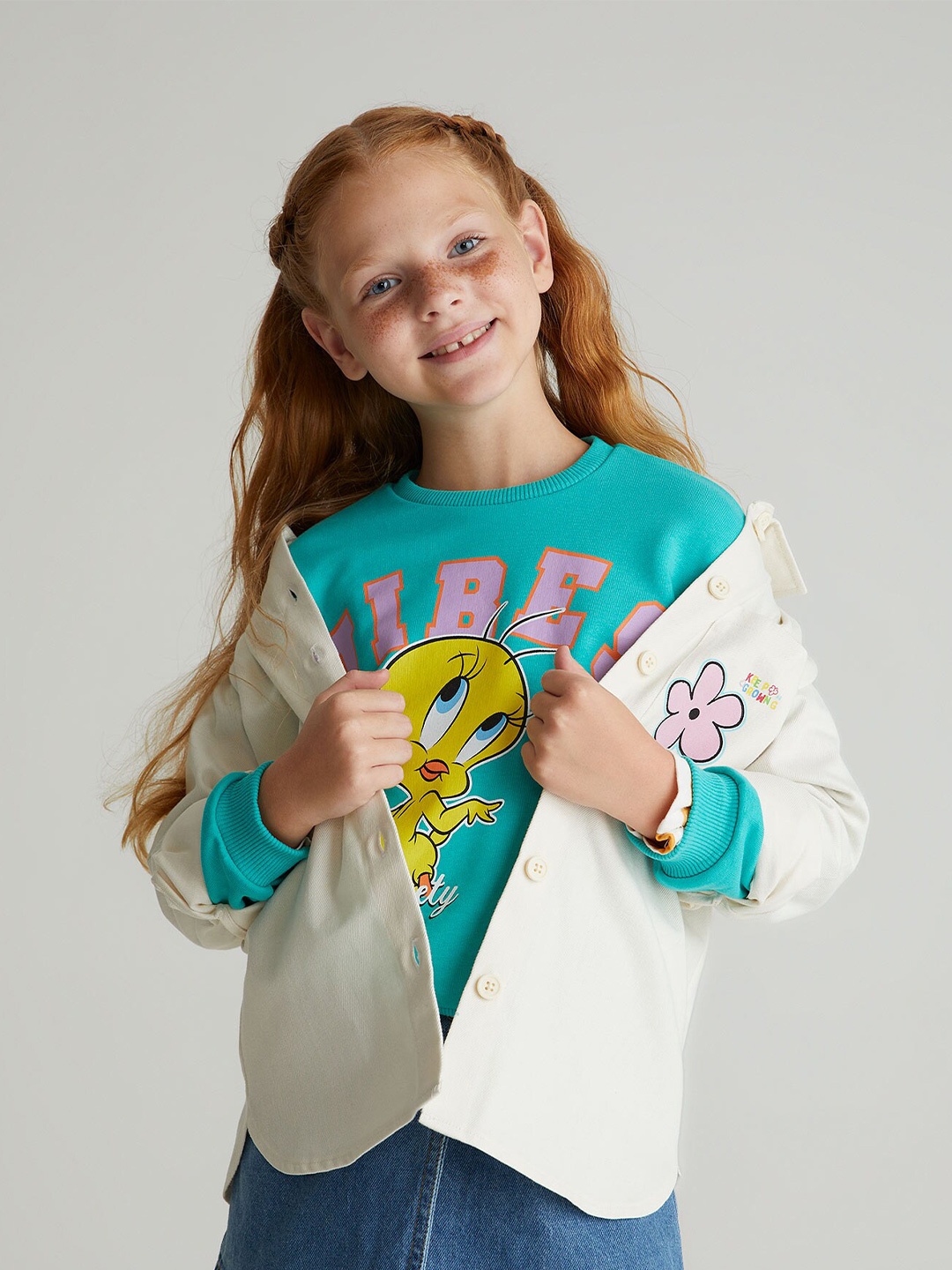 

DeFacto Girls Beige Printed Pure Cotton Casual Shirt