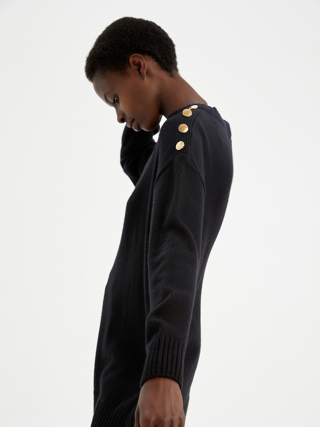 

DeFacto Women Solid Black Longline Pullover With Button Detail