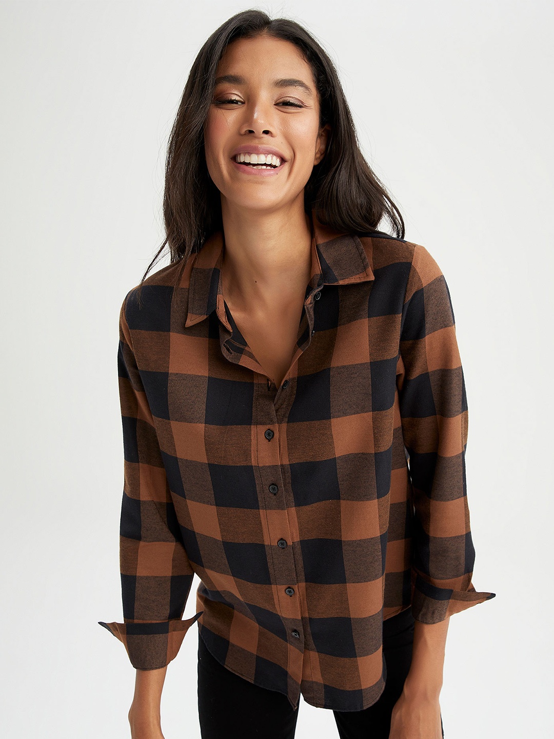 

DeFacto Women Brown Buffalo Checked Cotton Casual Shirt