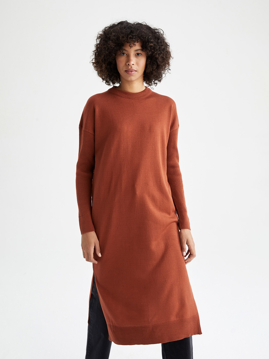 

DeFacto Women Plus Size Brown Solid Longline Pullover