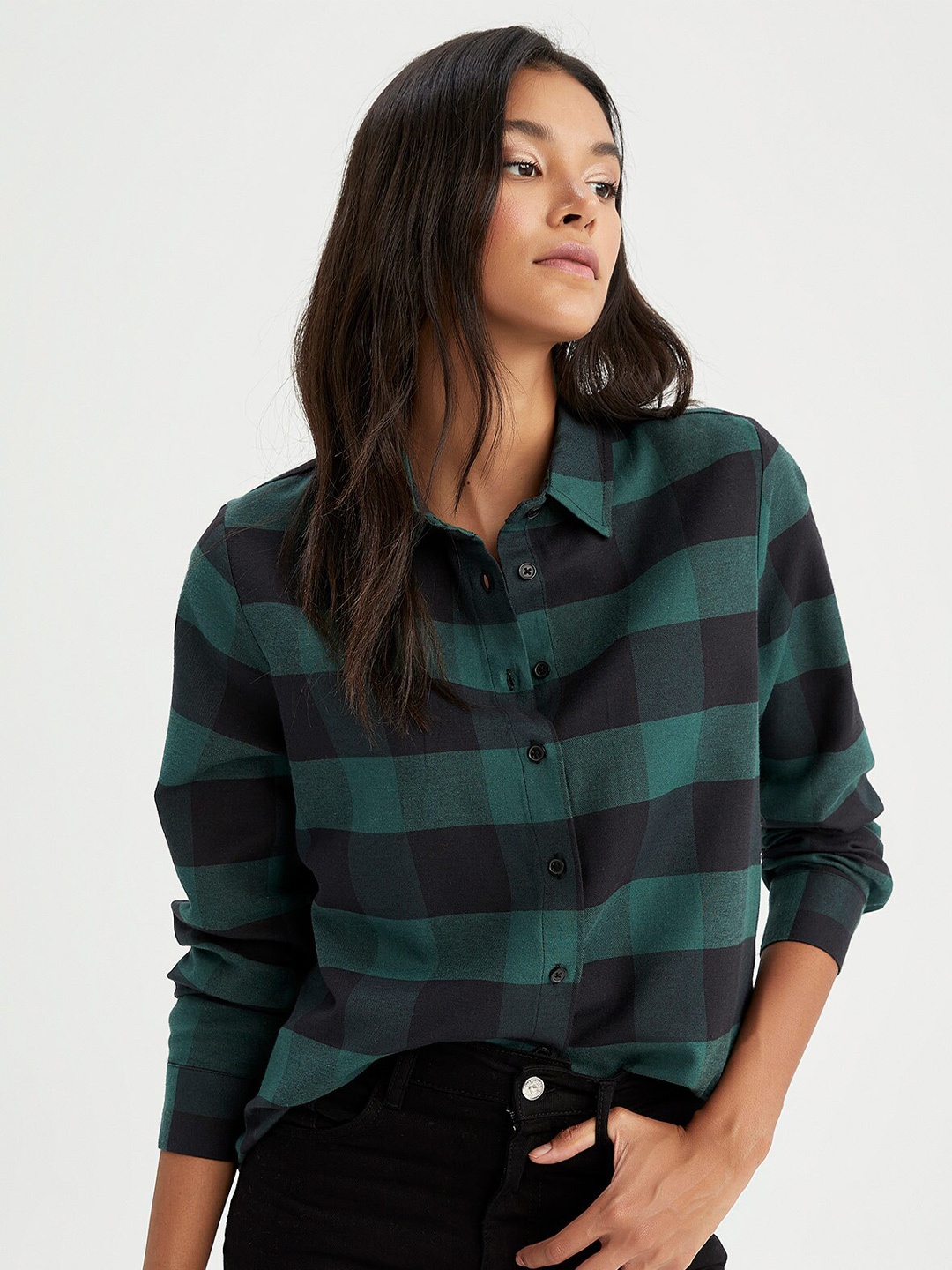 

DeFacto Women Green Buffalo Checked Casual Shirt