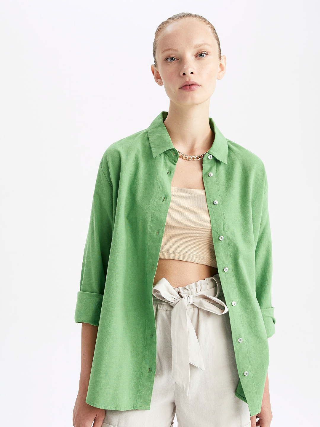 

DeFacto Women Green Casual Shirt