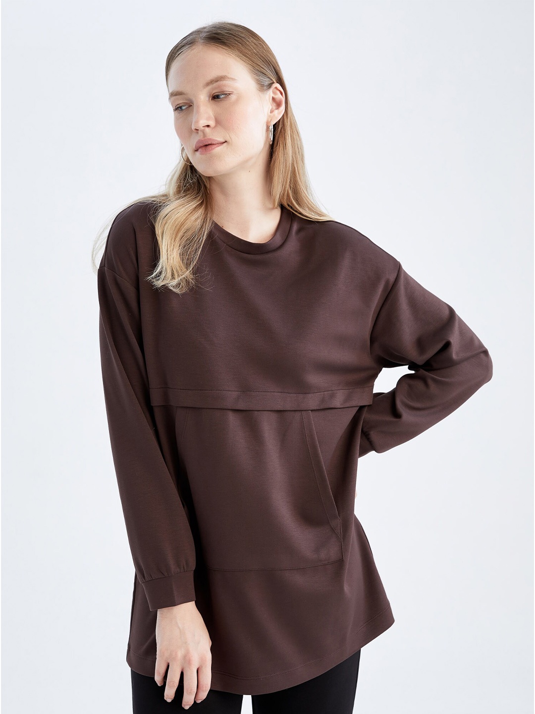 

DeFacto Solid Longline Pullover, Brown