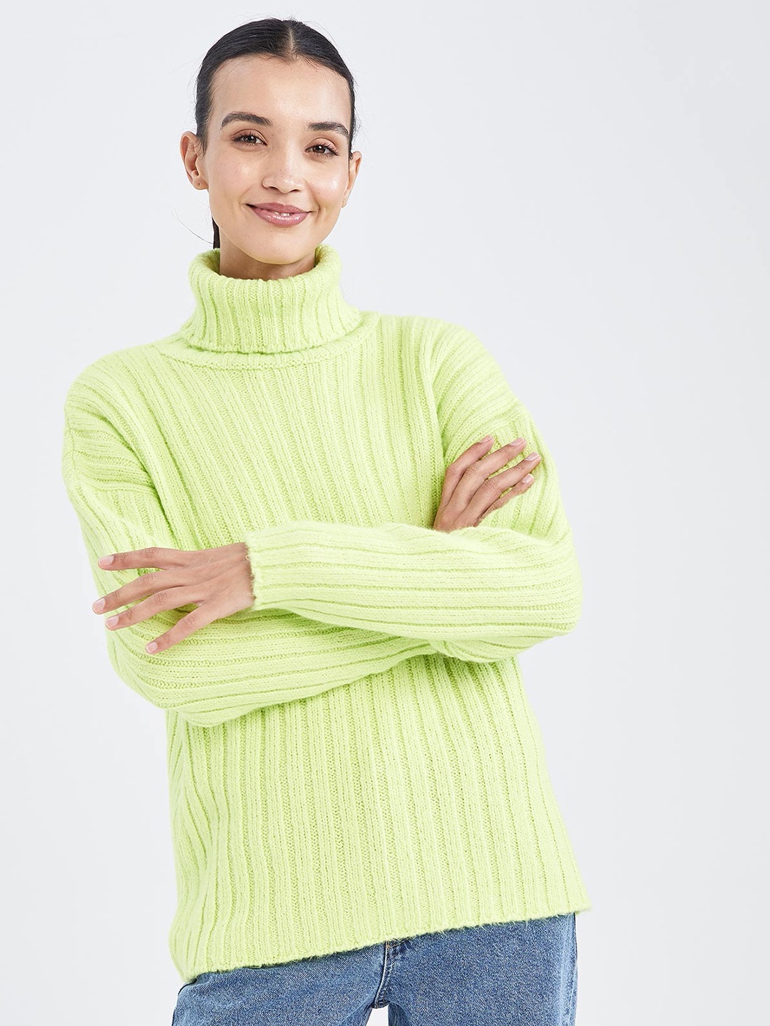 

DeFacto Women Lime Green Striped Pullover