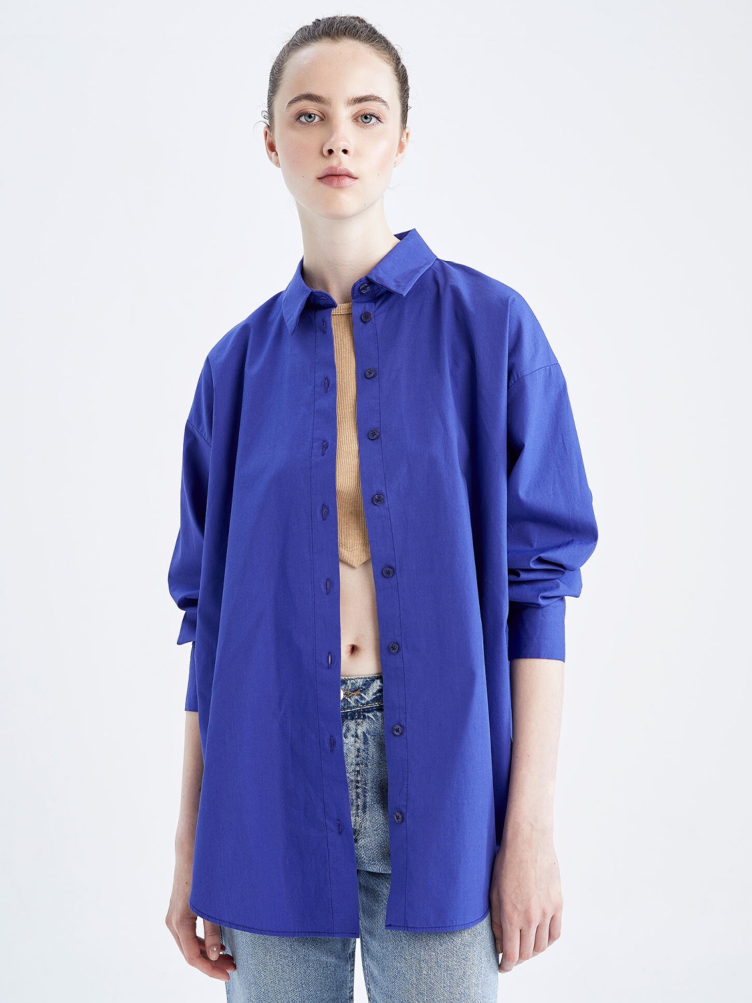 

DeFacto Women Blue Solid Pure Cotton Casual Shirt