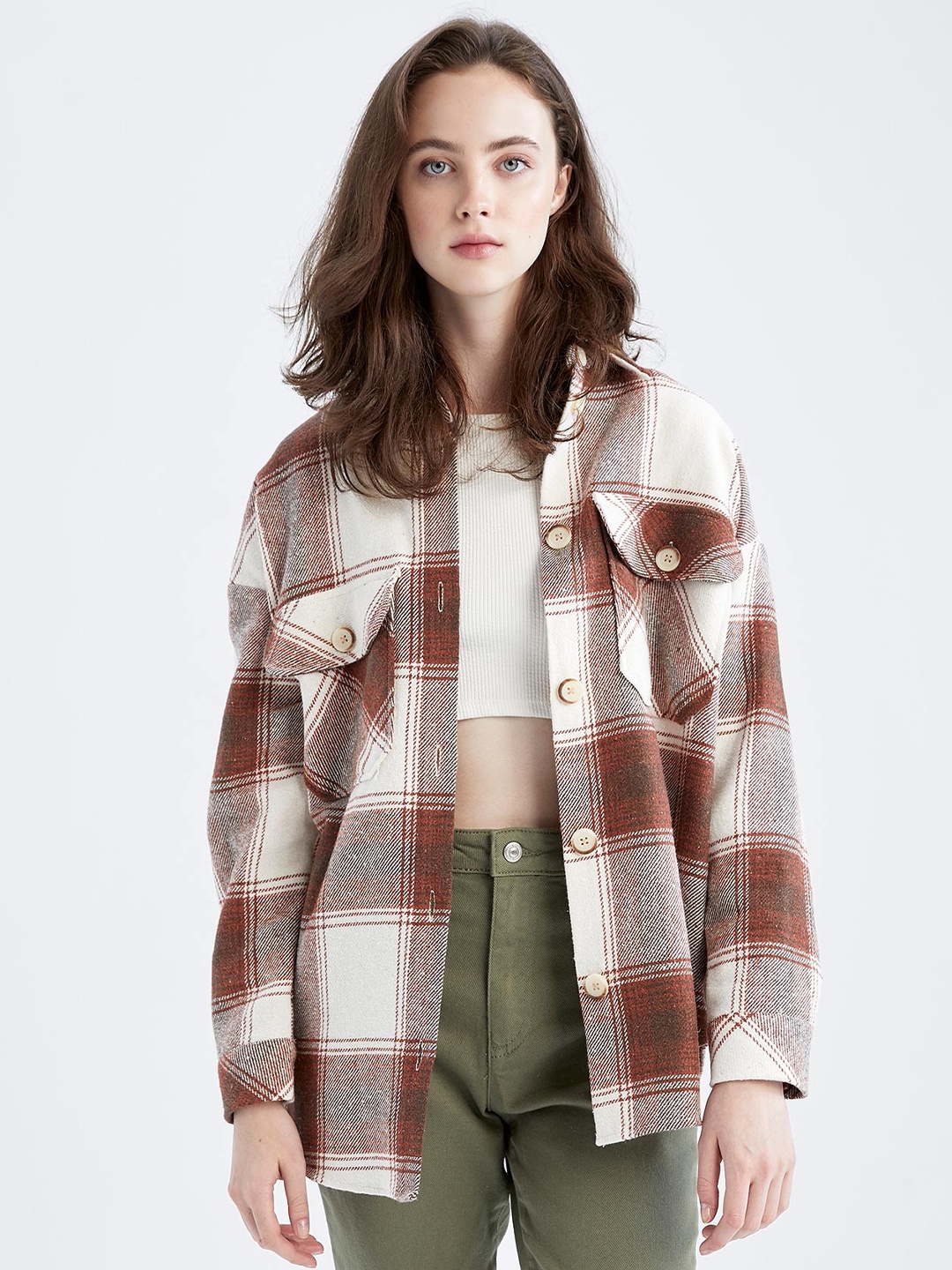 

DeFacto Women Brown & White Gingham Checks Checked Polyester Casual Shirt