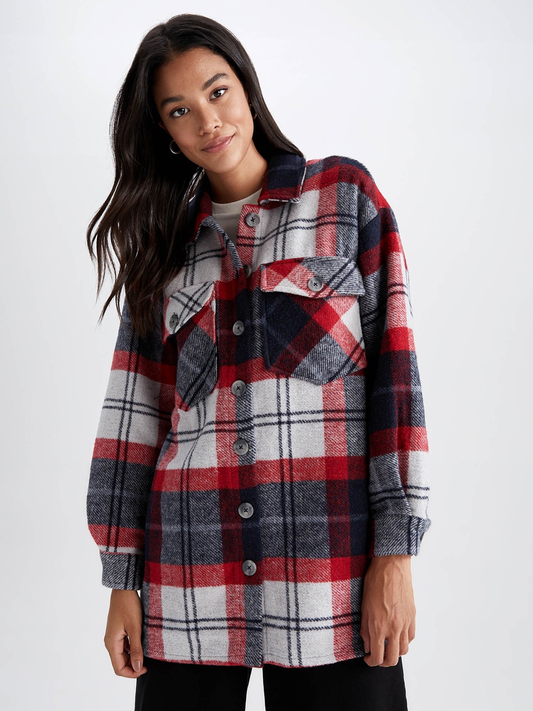 

DeFacto Women Red Gingham Checks Checked Longline Casual Shirt