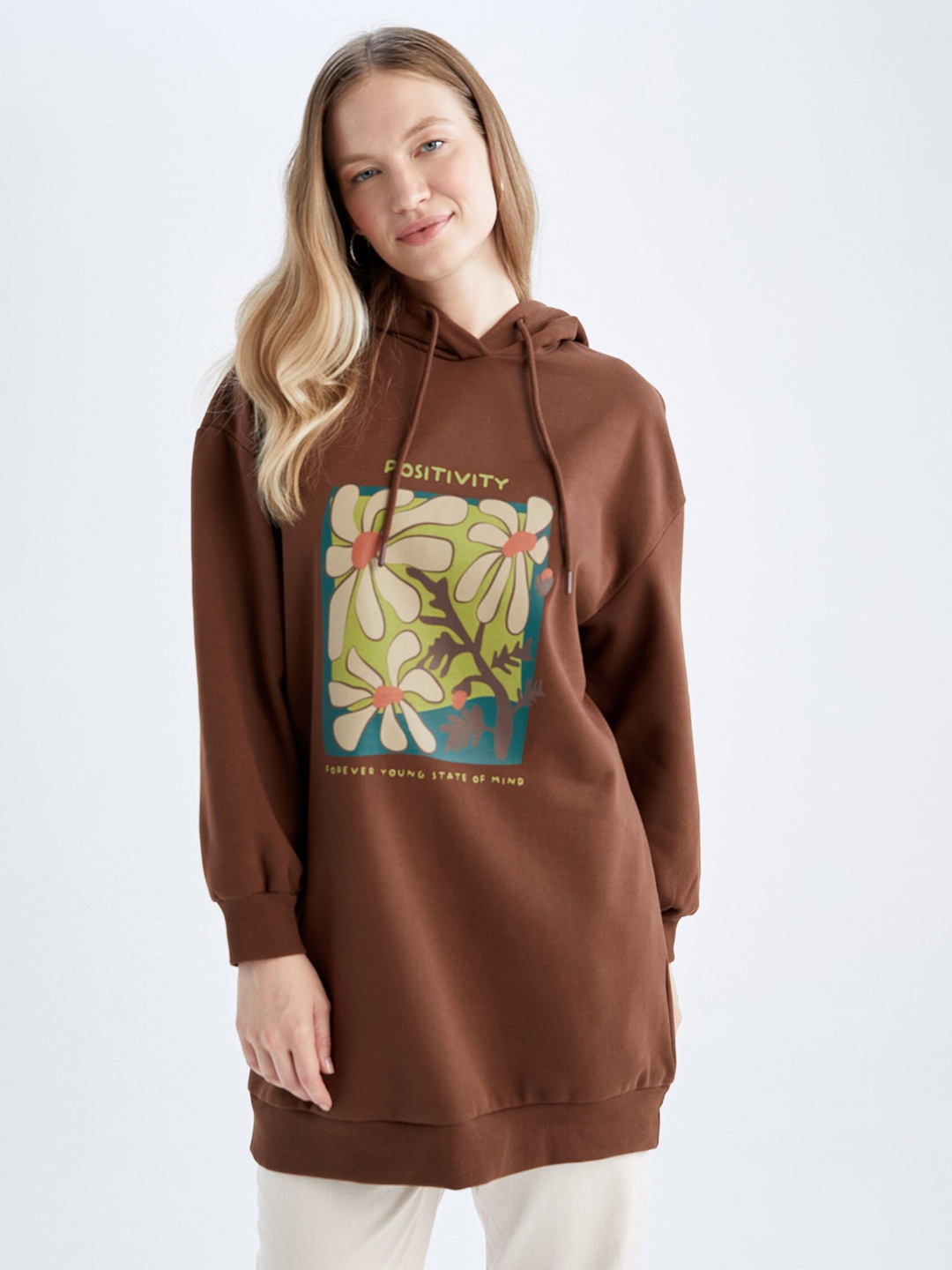 

DeFacto Women Brown Floral Printed Longline Pullover