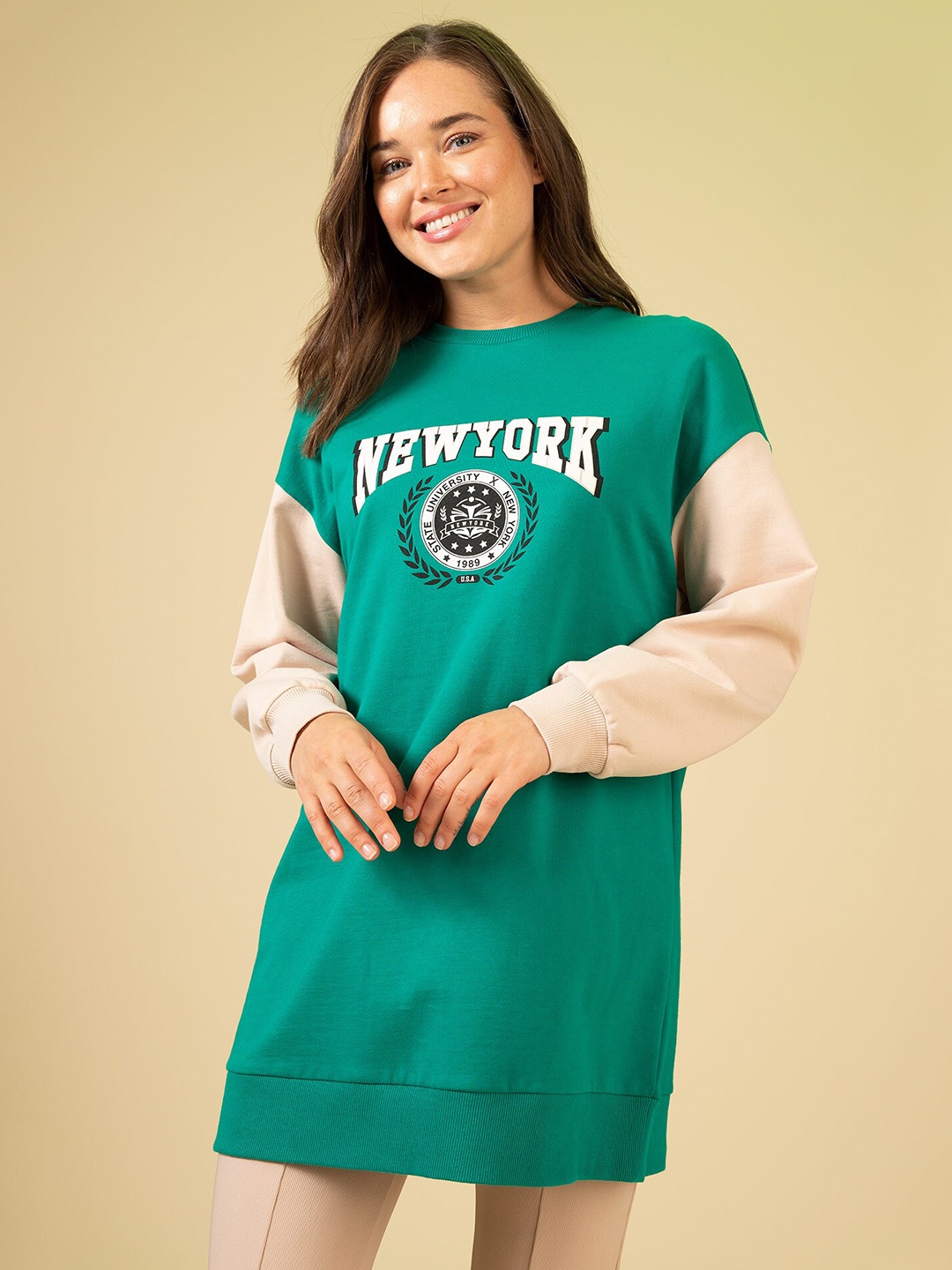 

DeFacto Women Green & Beige Typography Printed Longline Pullover