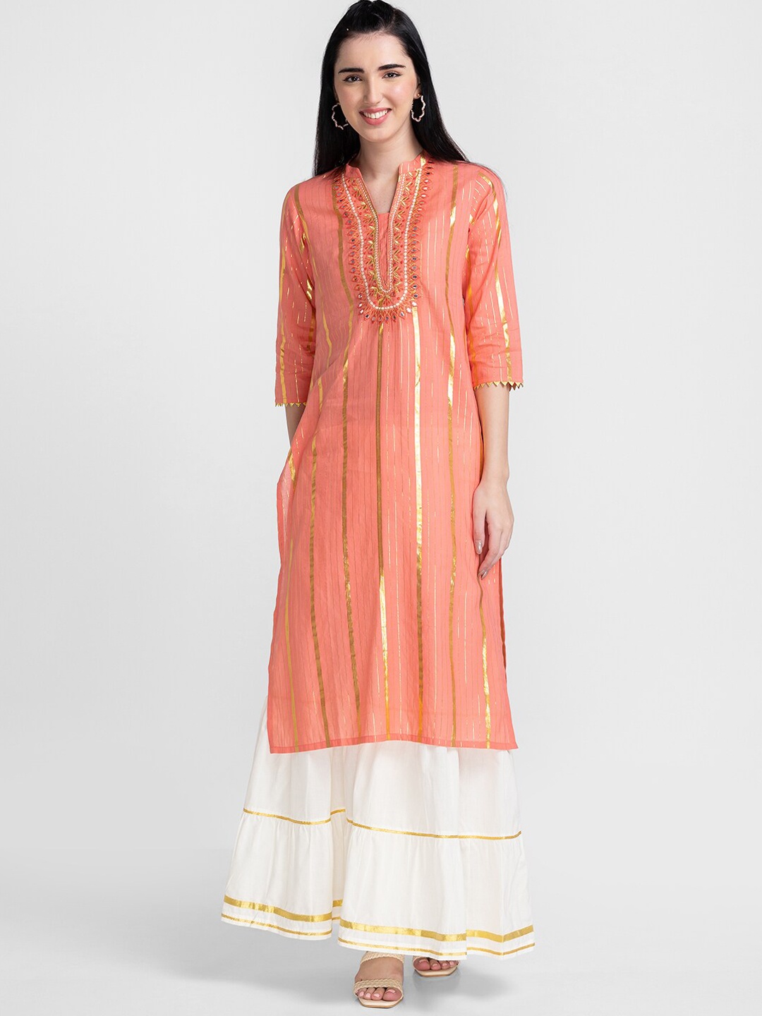 

Globus Women Coral Striped Mirror Work Kurta with Sharara