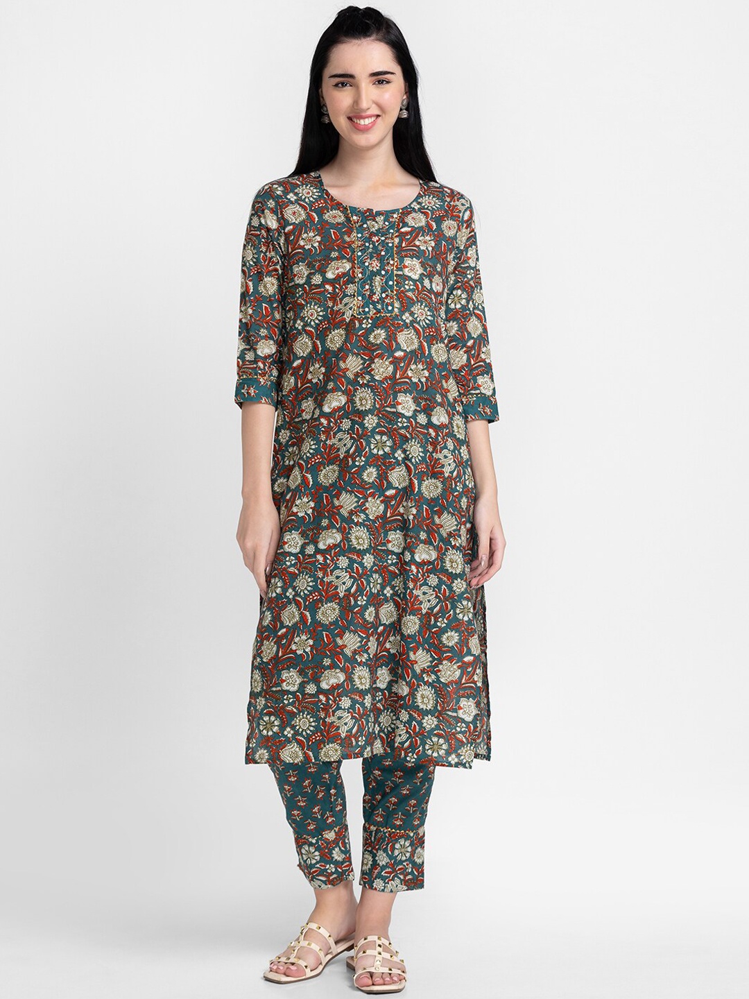 

Globus Women Teal Floral Printed Pure Cotton Kurta with Trouser