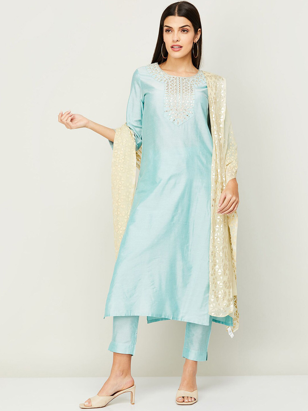 

Melange by Lifestyle Women Blue Embroidered Kurta with Trousers & With Dupatta
