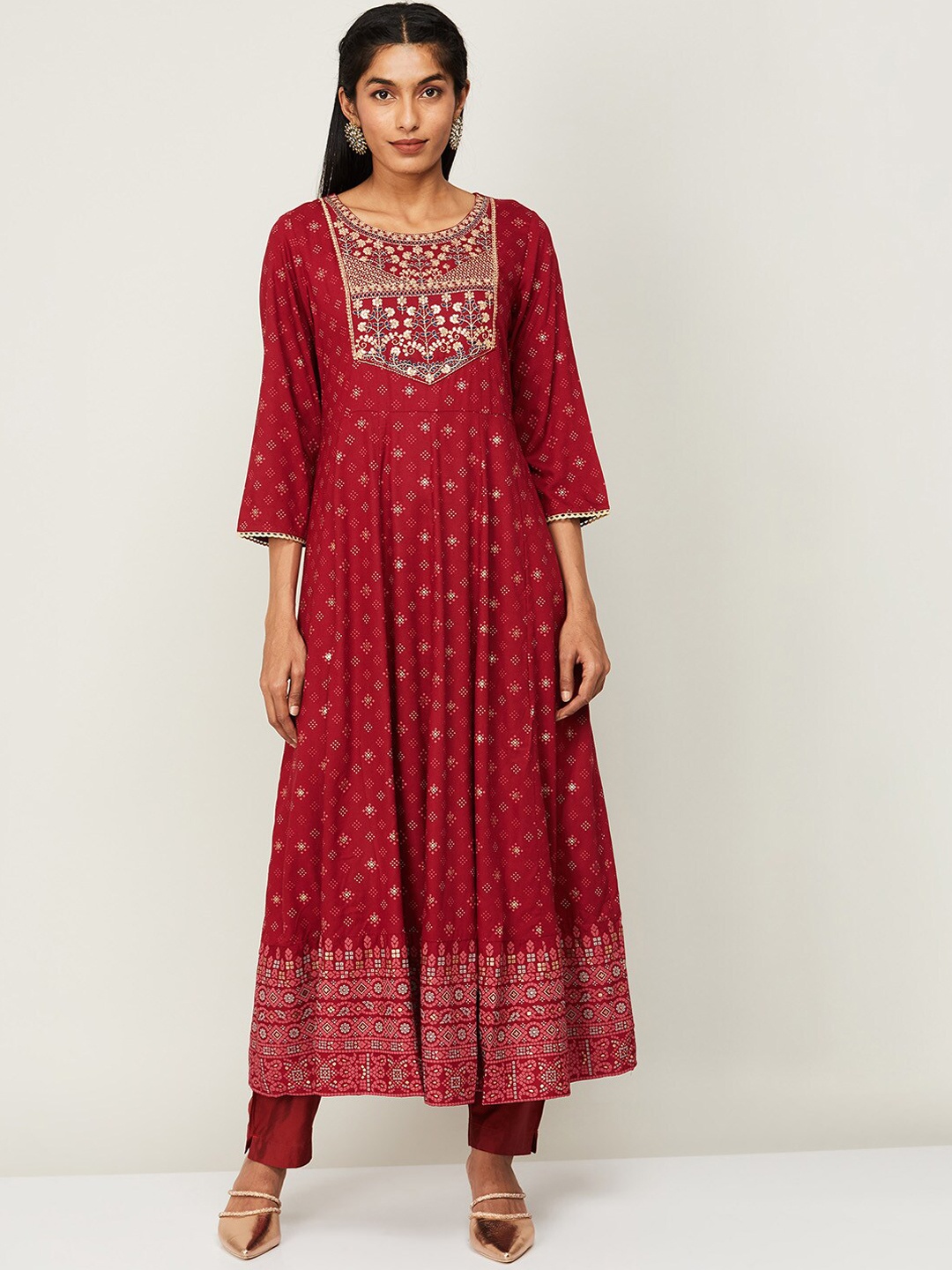 

Melange by Lifestyle Women Red Ethnic Motifs Embroidered Pleated Kurta with Pyjamas