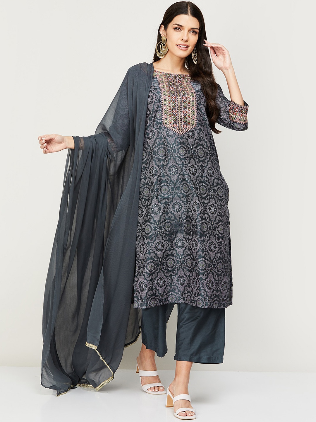 

Melange by Lifestyle Women Grey Ethnic Motifs Printed Kurta with Trousers & With Dupatta
