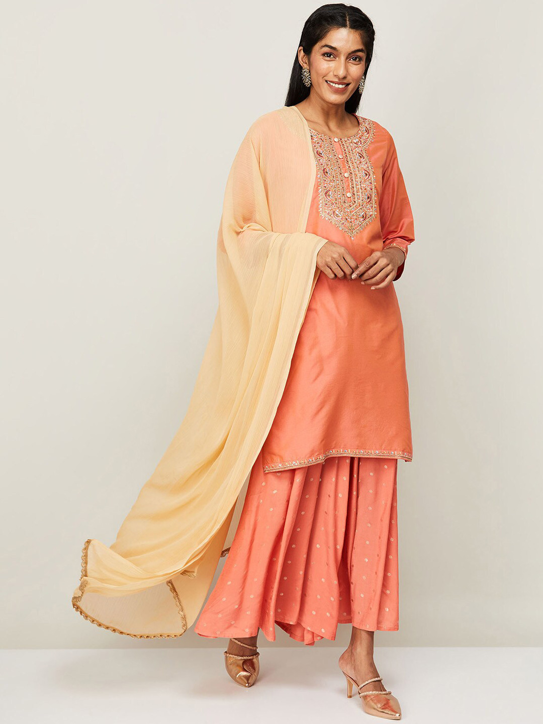 

Melange by Lifestyle Women Orange Yoke Design Thread Work Kurta with Palazzo & Dupatta