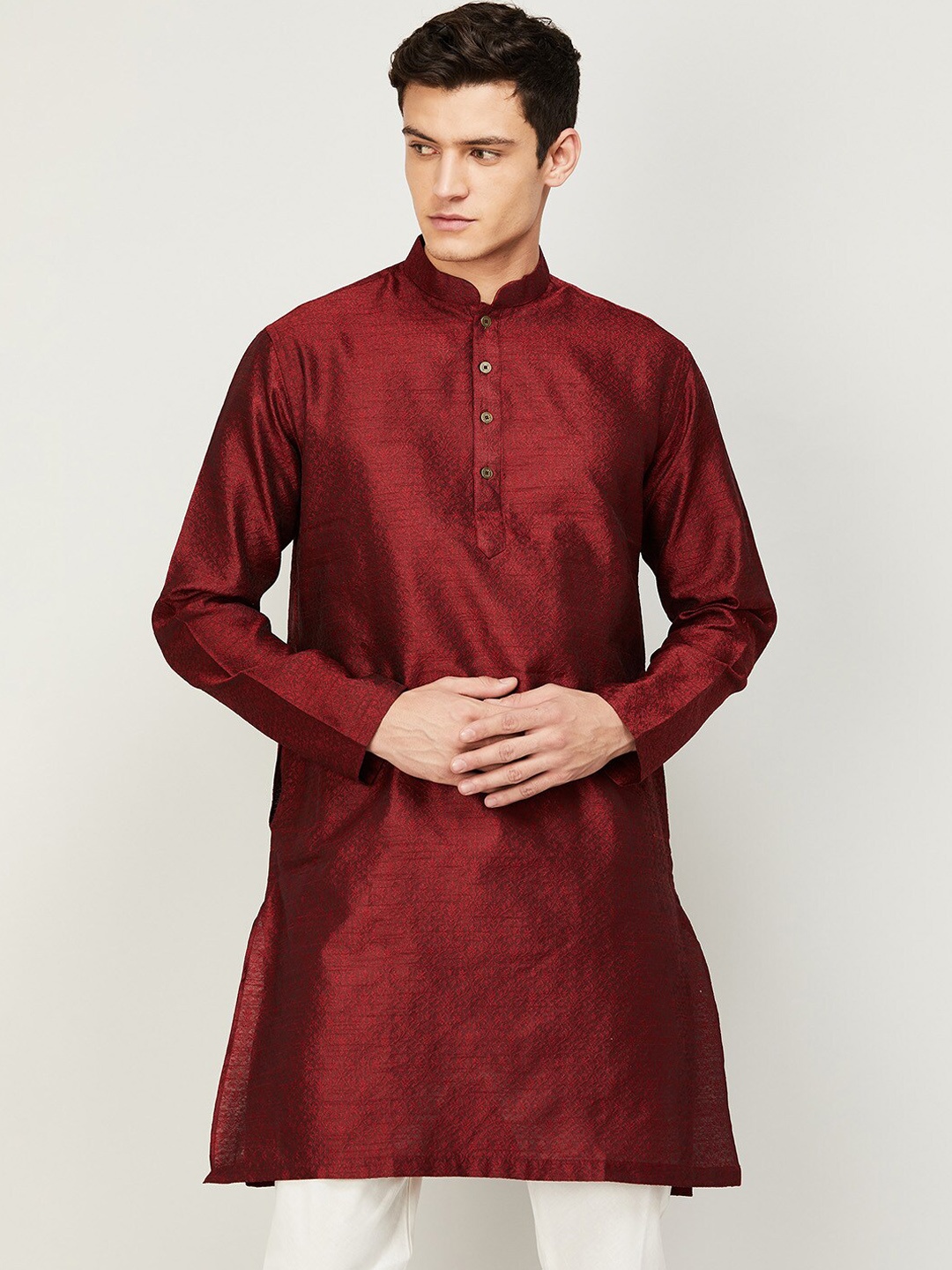 

Melange by Lifestyle Men Burgundy Woven Design Cotton Kurta