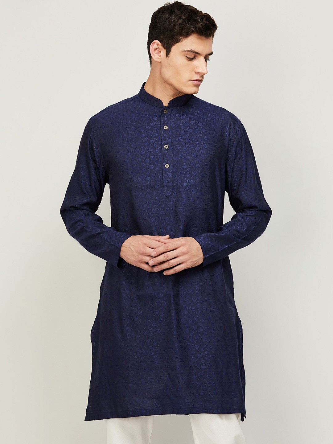 

Melange by Lifestyle Men Navy Blue Floral Woven Design Cotton Kurta