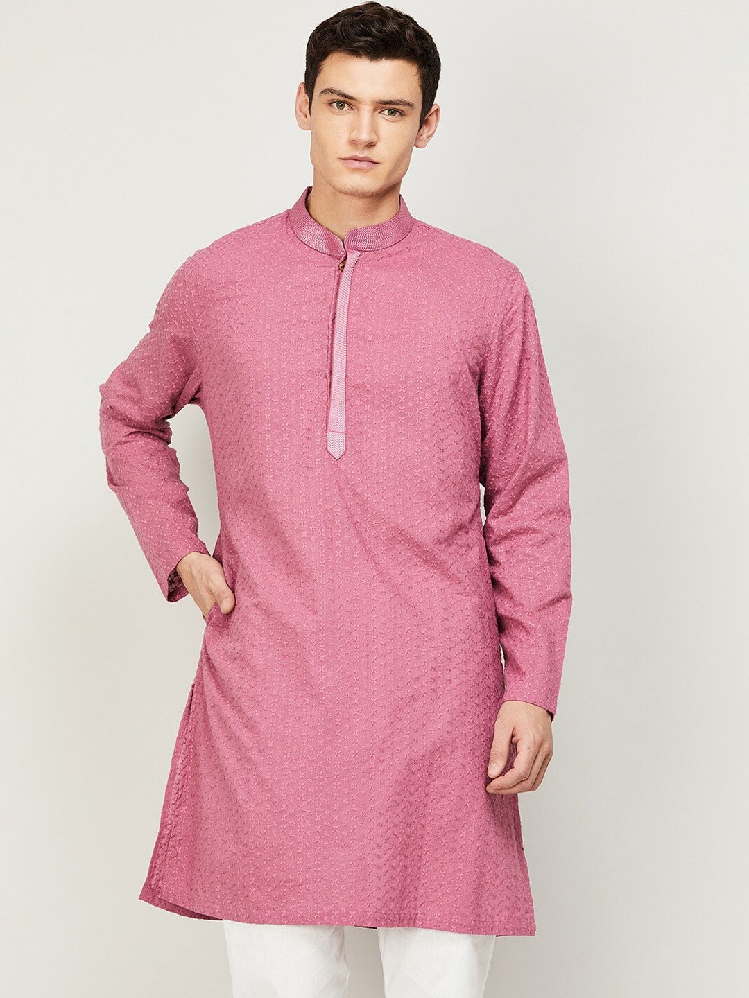 

Melange by Lifestyle Men Pink Floral Embroidered Cotton Kurta