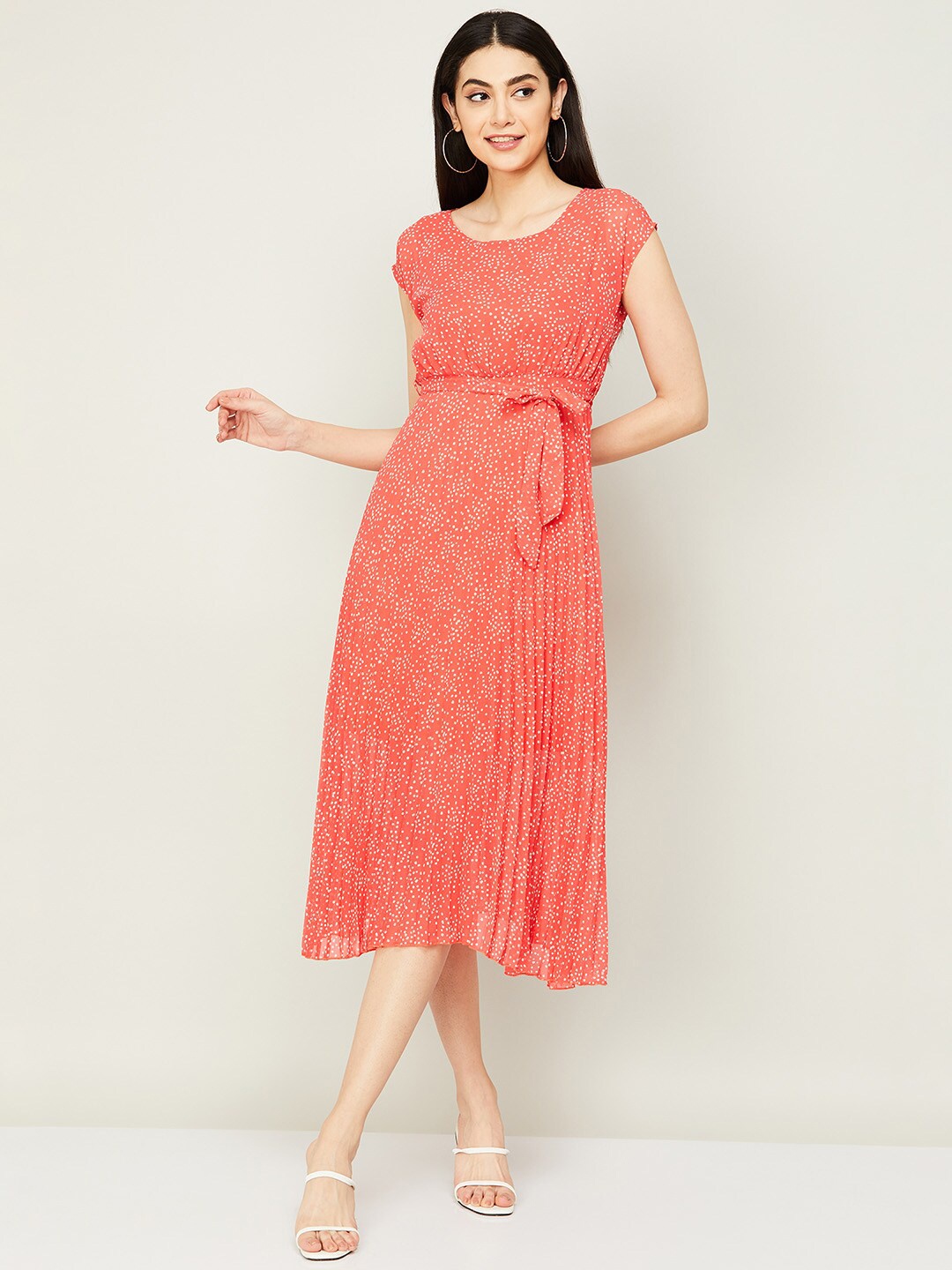 

CODE by Lifestyle Women Orange & White A-Line Midi Pure Cotton Dress