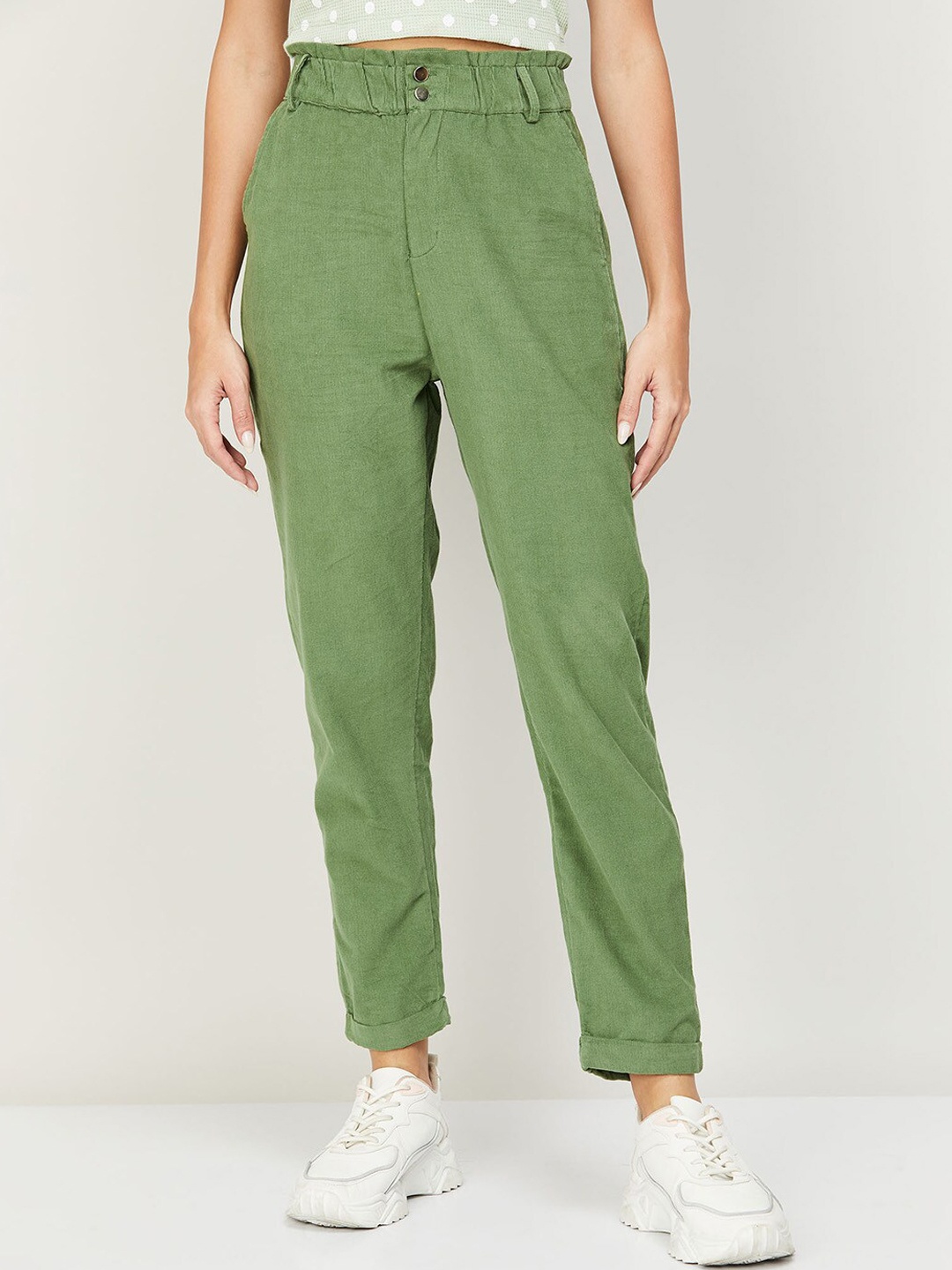 

Ginger by Lifestyle Women Olive Green Cotton Mid-Rise Trousers