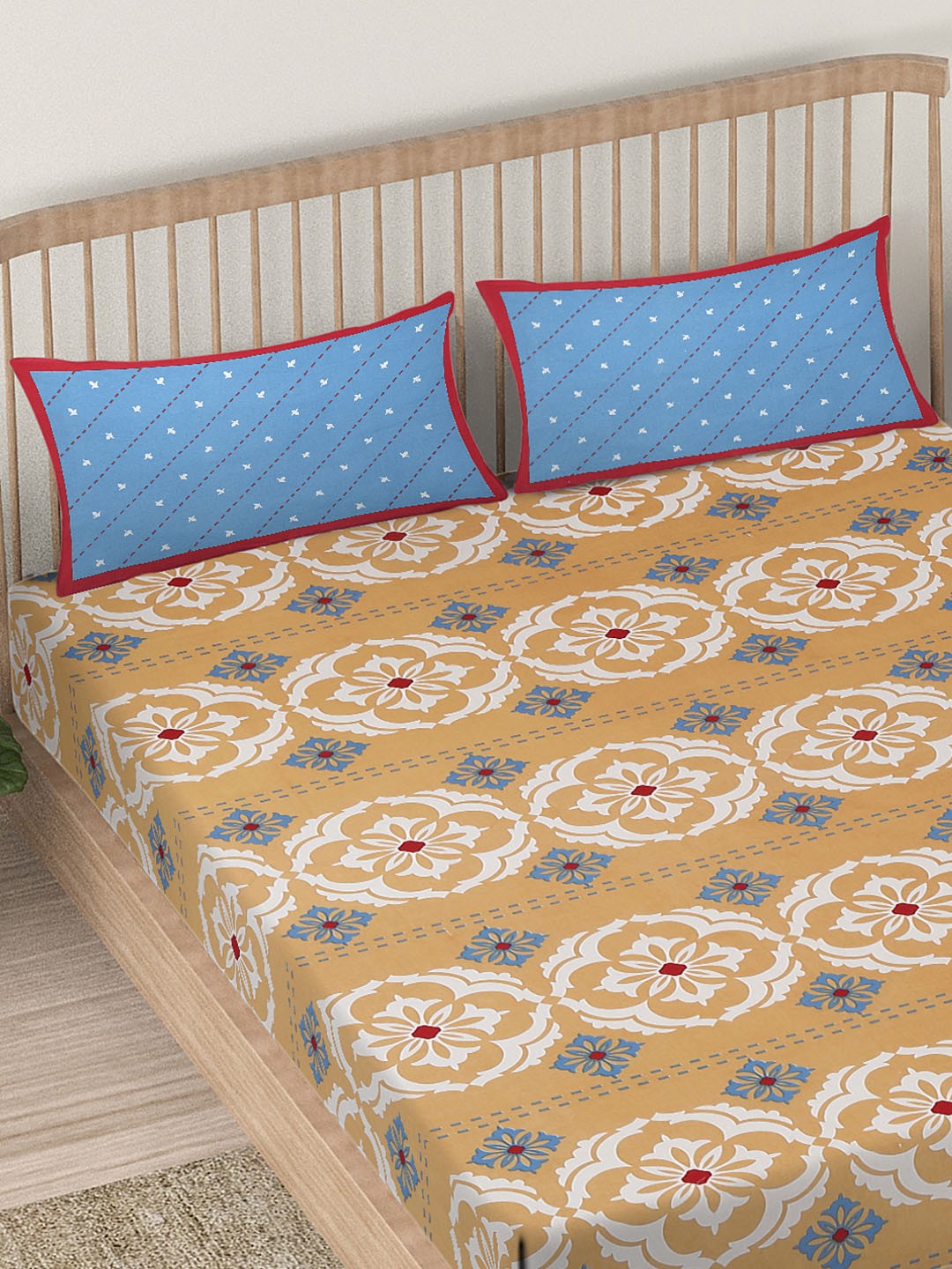 

EK BY EKTA KAPOOR Mosaic Mustard 120 TC King Size Cotton Bedsheet With 2 Pillow Covers