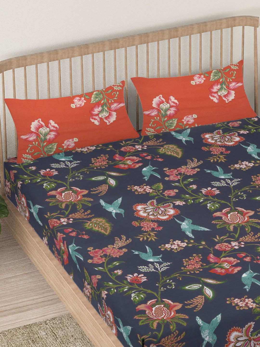 

EK BY EKTA KAPOOR Jungle Print Navy Blue 120 TC King Bedsheet with 2 Pillow Covers