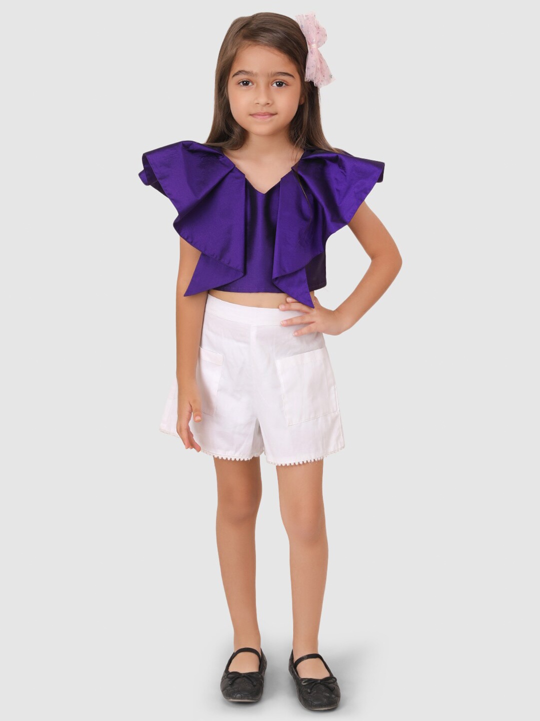 

Jelly Jones Girls Violet Solid Flutter Sleeves Crop Top