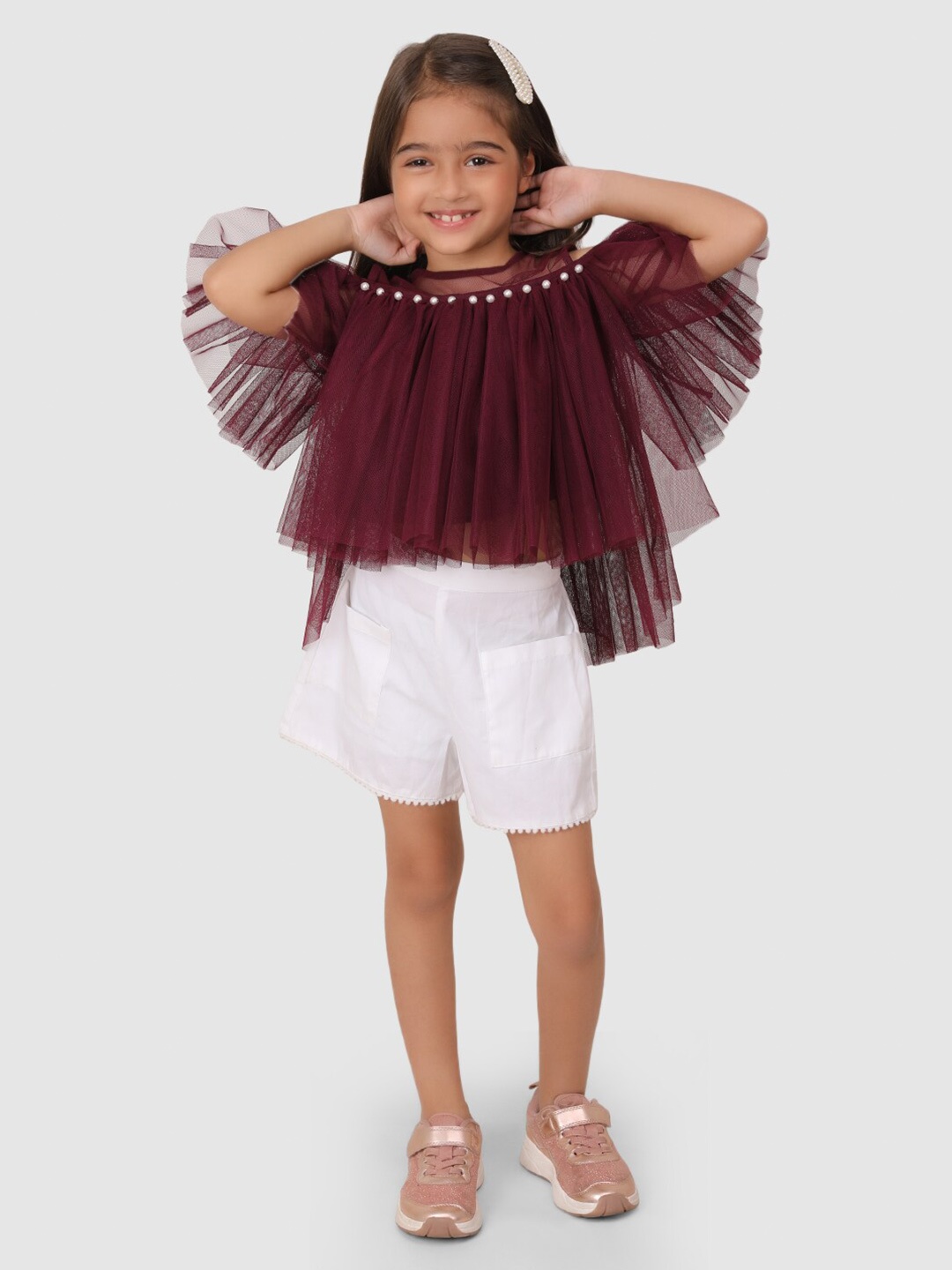 

Jelly Jones Burgundy Ruffles Net Blouson Top