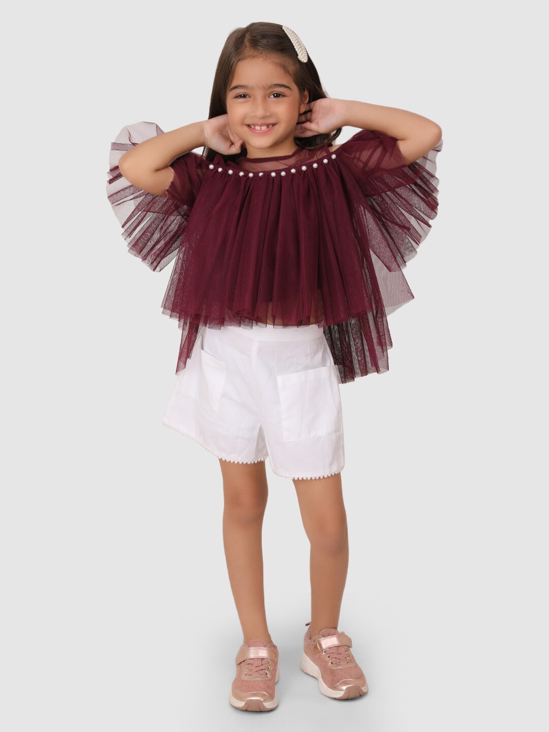 

Jelly Jones Burgundy Ruffles Net Blouson Top