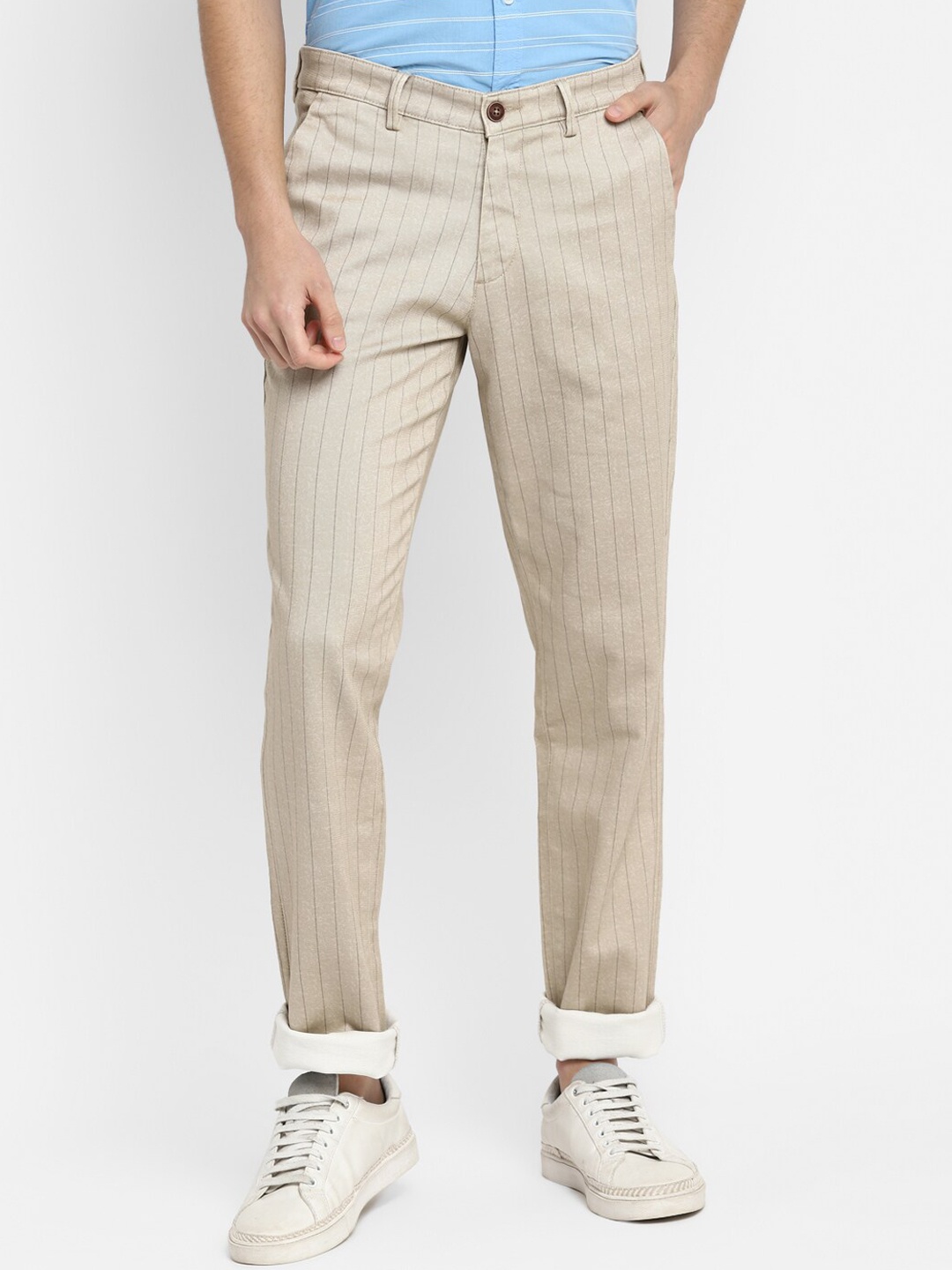 

Turtle Men Beige Striped Relaxed Tapered Fit Trousers