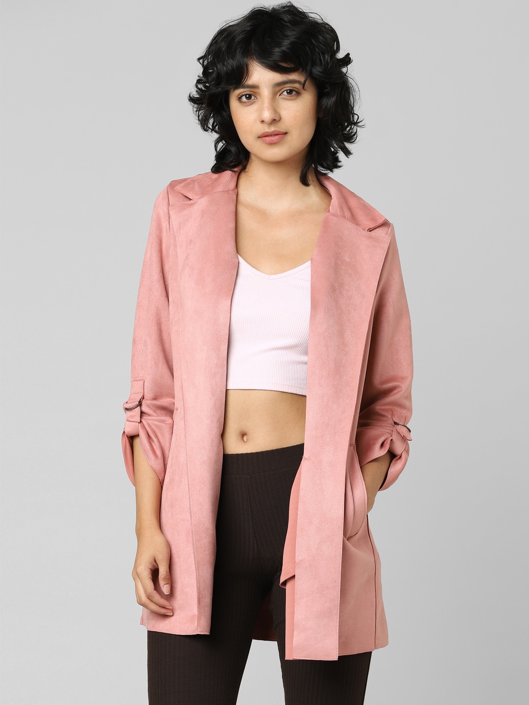 

ONLY Women Pink Solid Faux Suede Overcoat