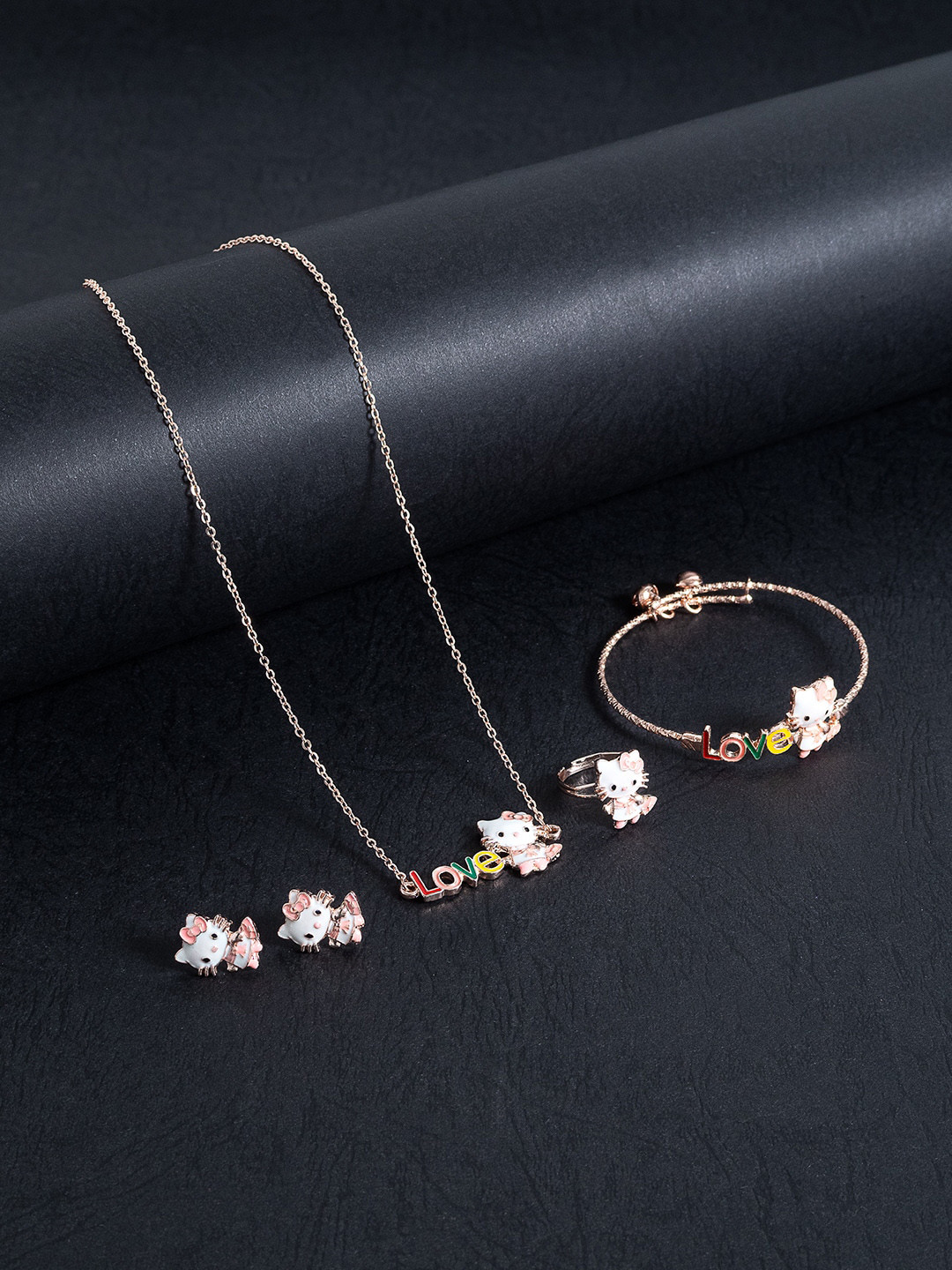 

Golden Peacock Girls Pink & White Rose Gold-Plated Kitty Charm Jewellery Set