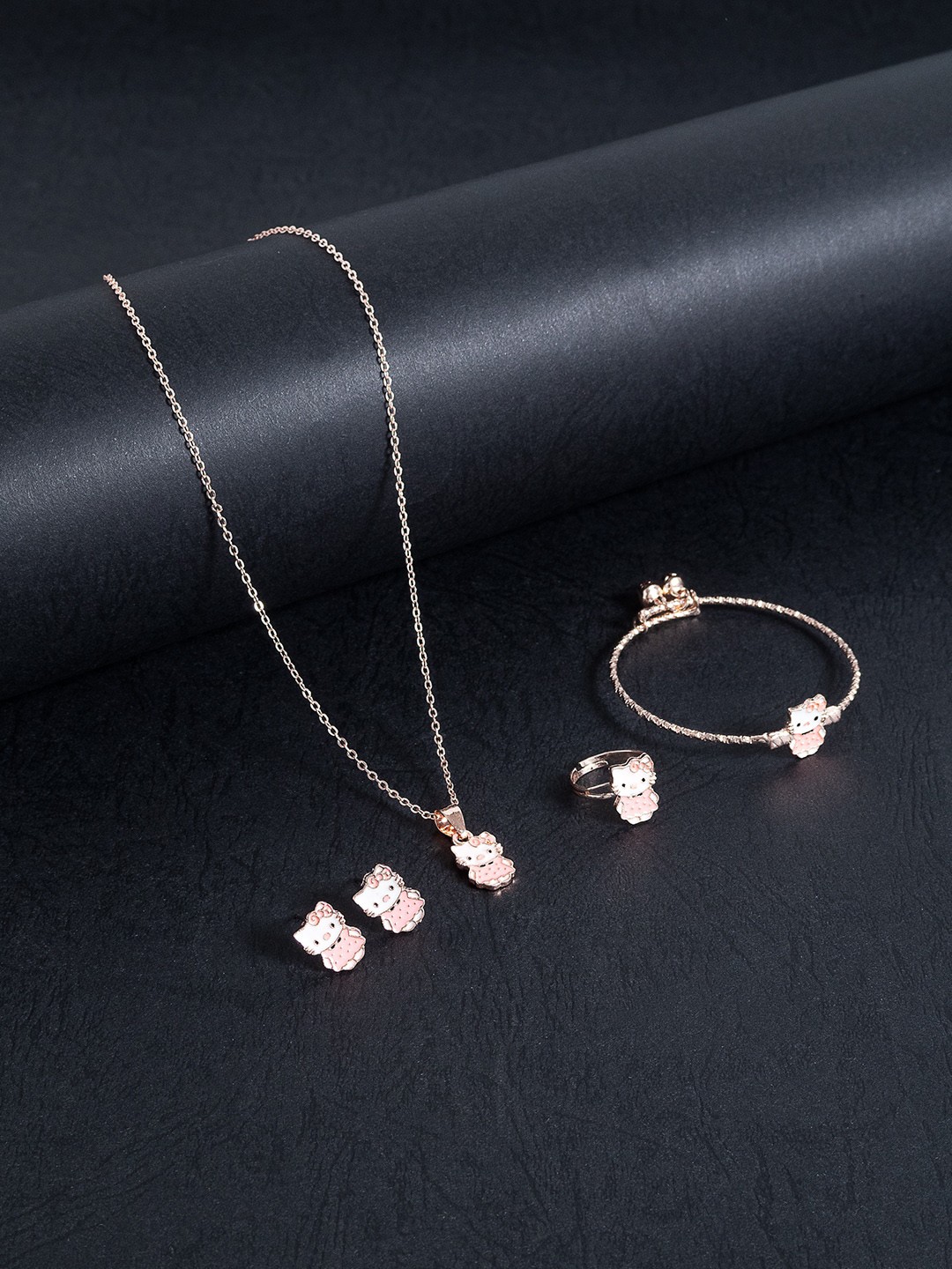

Golden Peacock Girls Rose Gold-Toned & Pink Kitty Charm Jewellery Set