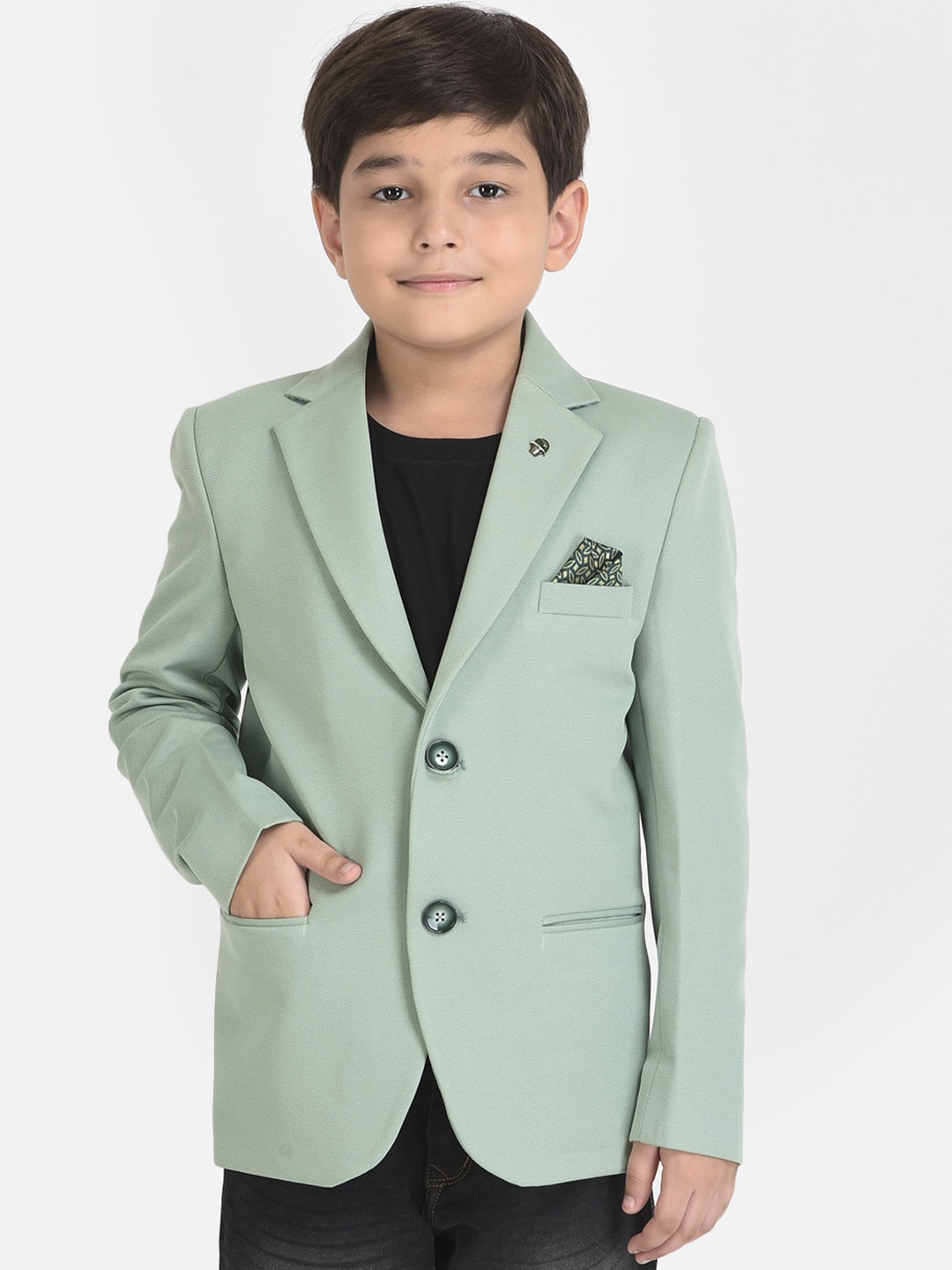 

Crimsoune Club Boys Green Solid Single-Breasted Blazer