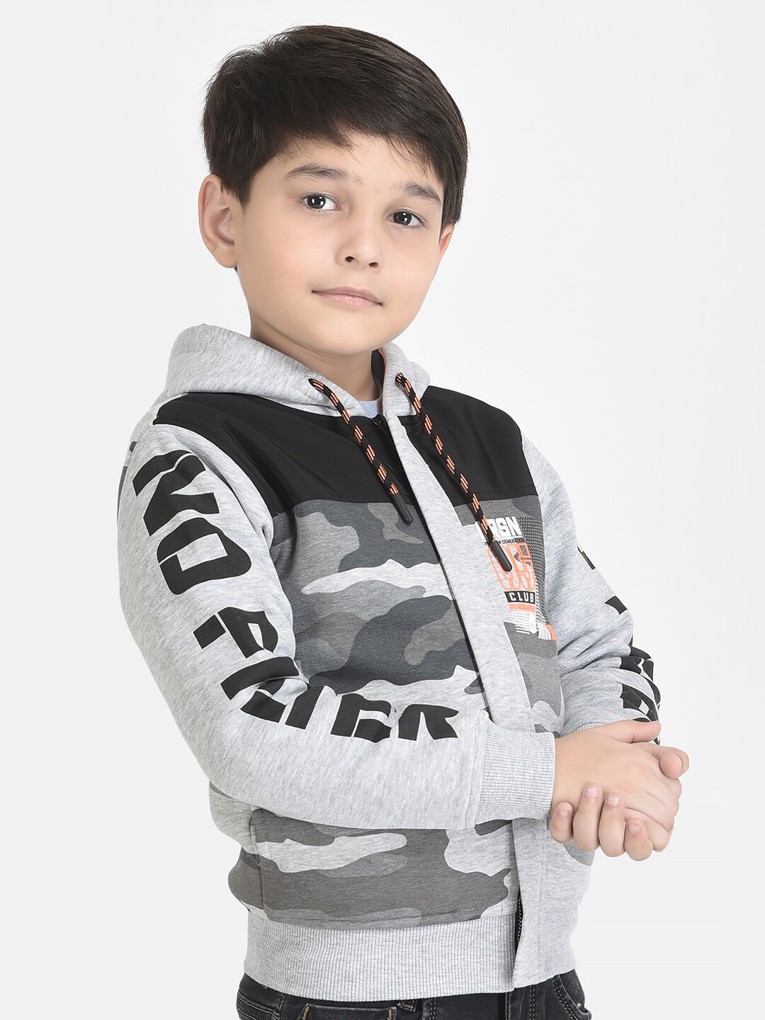 

Crimsoune Club Boys Grey Melange Printed Hooded Sweatshirt