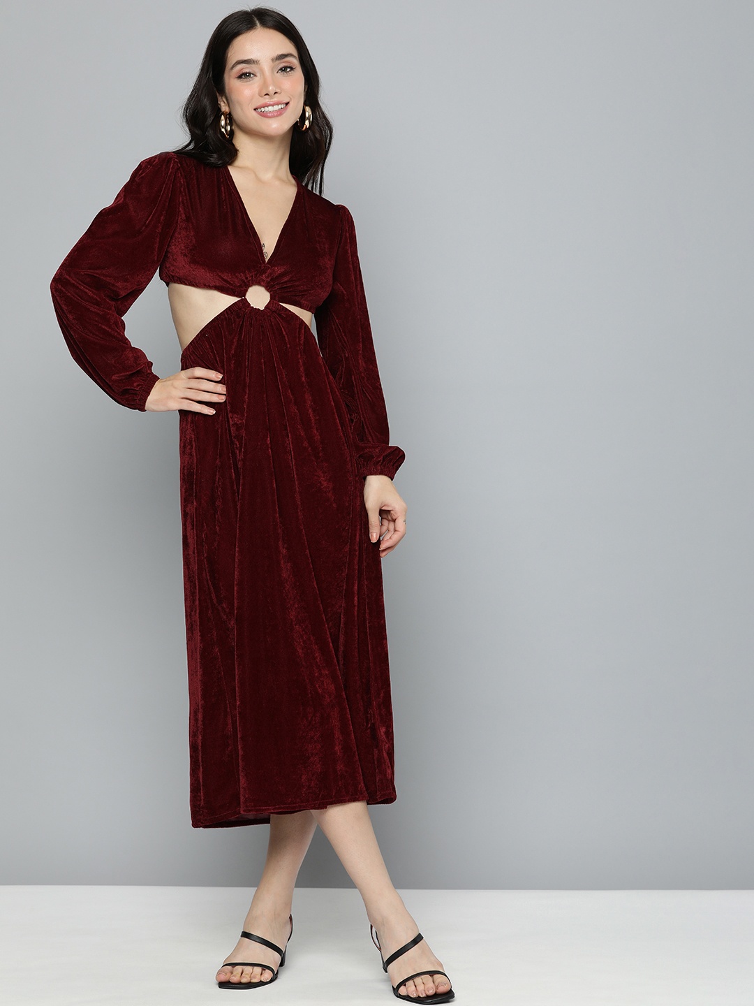 Mast & Harbour Velvet A-Line Midi Dress With Cut Out Detailing, Maroon