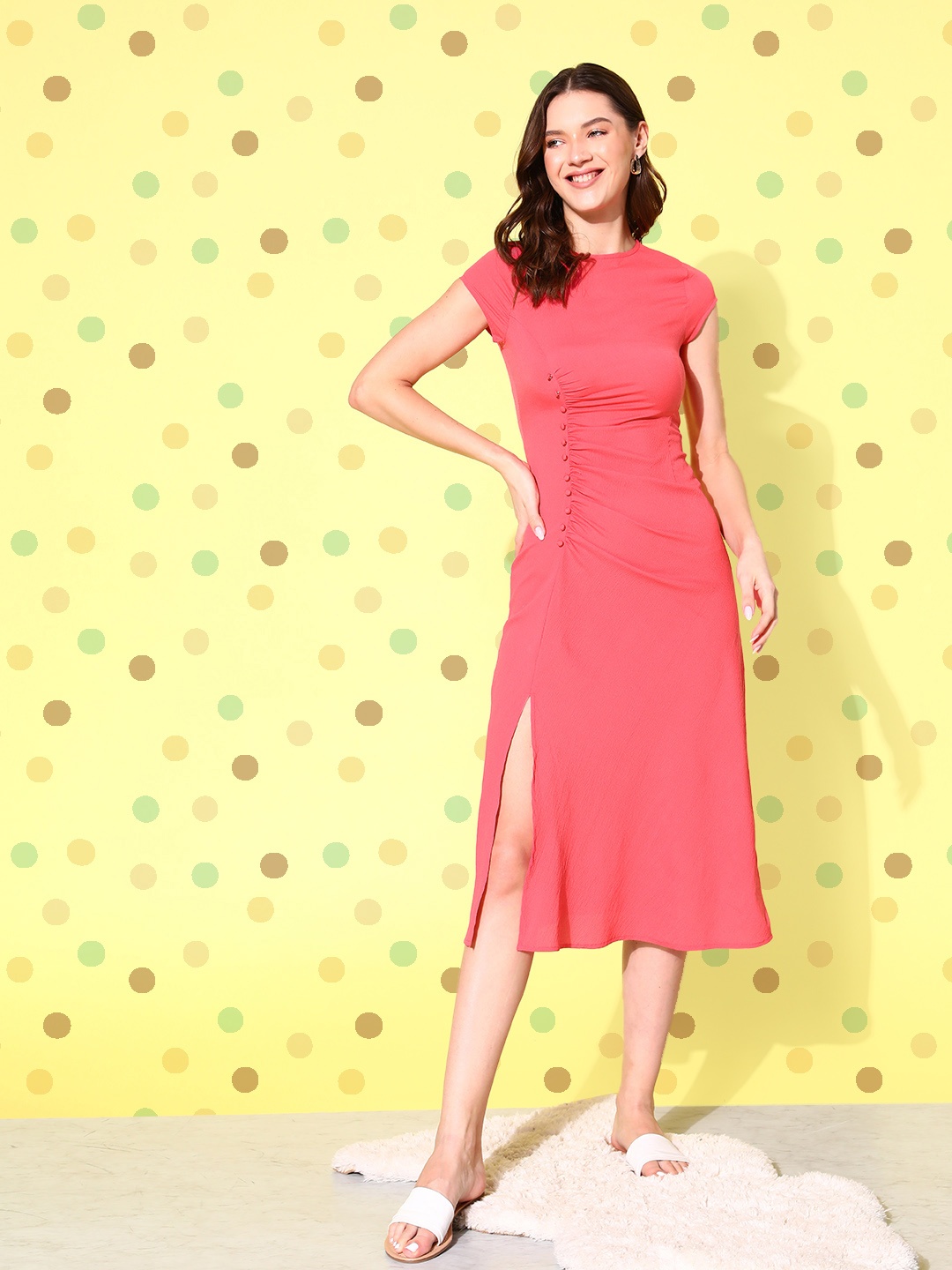 

Mast & Harbour Aflush Peach Solid Slit Staying In Style A-Line Midi Dress