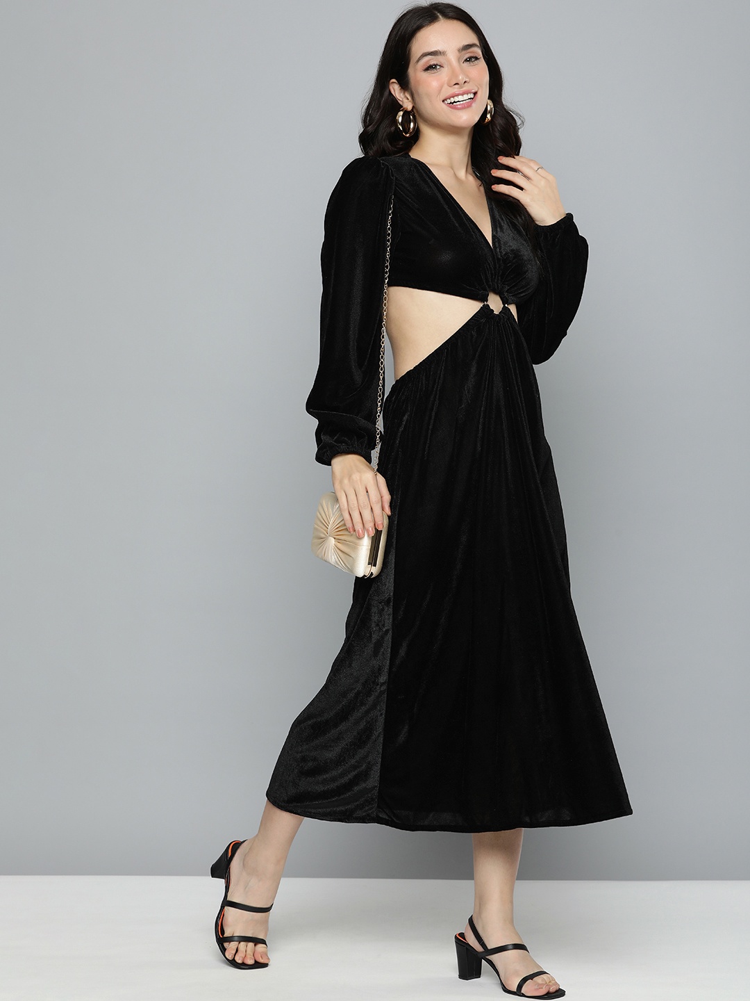 

Mast & Harbour Velvet A-Line Midi Dress With Cut Out Detailing, Black