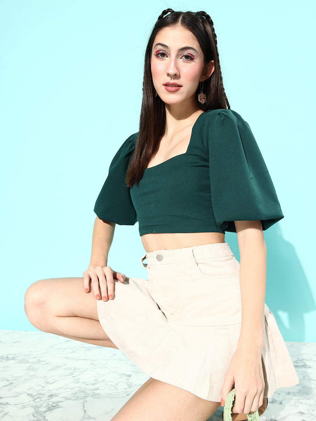 

Mast & Harbour Teal Green Solid Puff Sleeve Crop Top