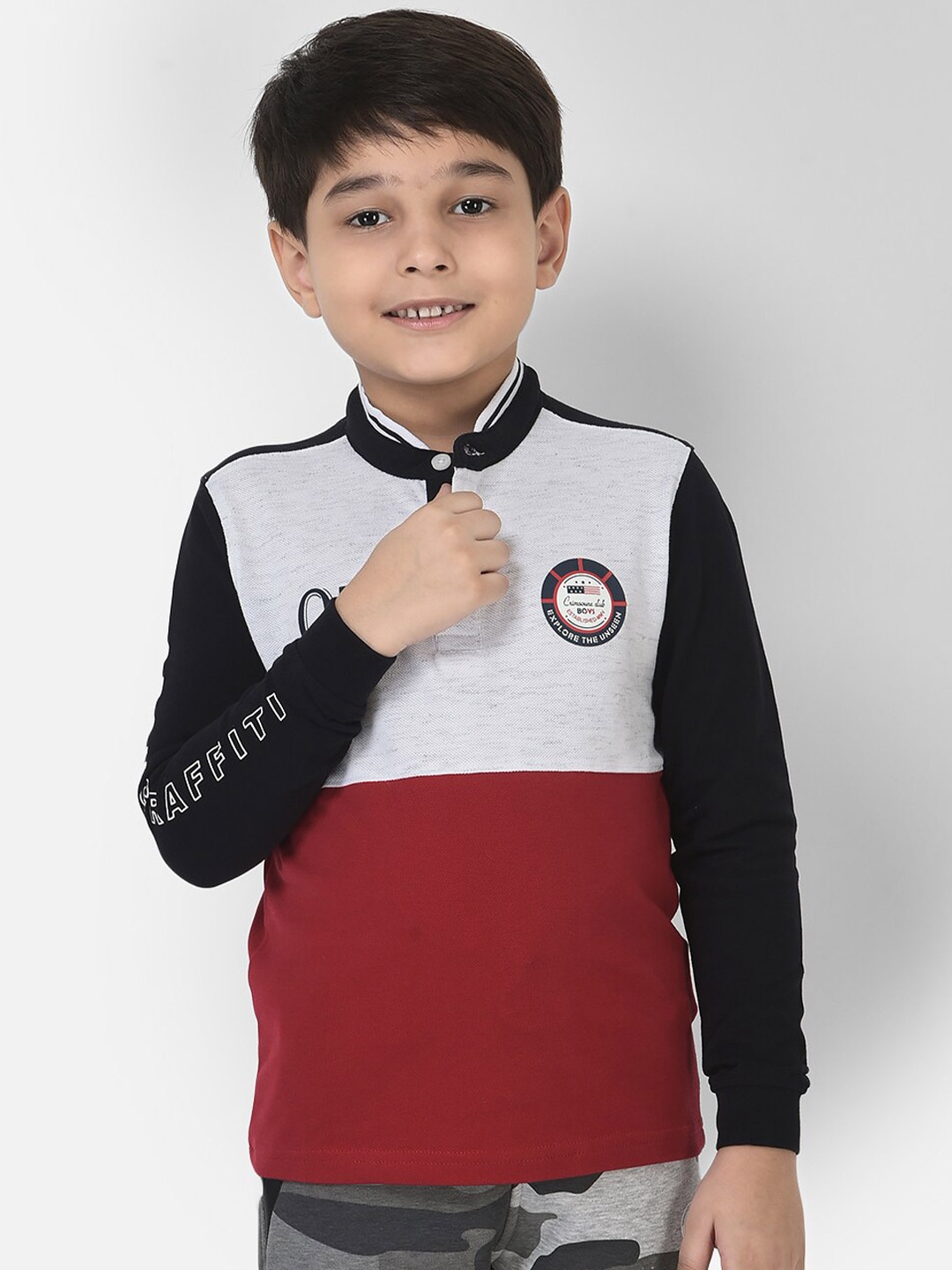

Crimsoune Club Boys Red Colourblocked Polo Collar Applique T-shirt