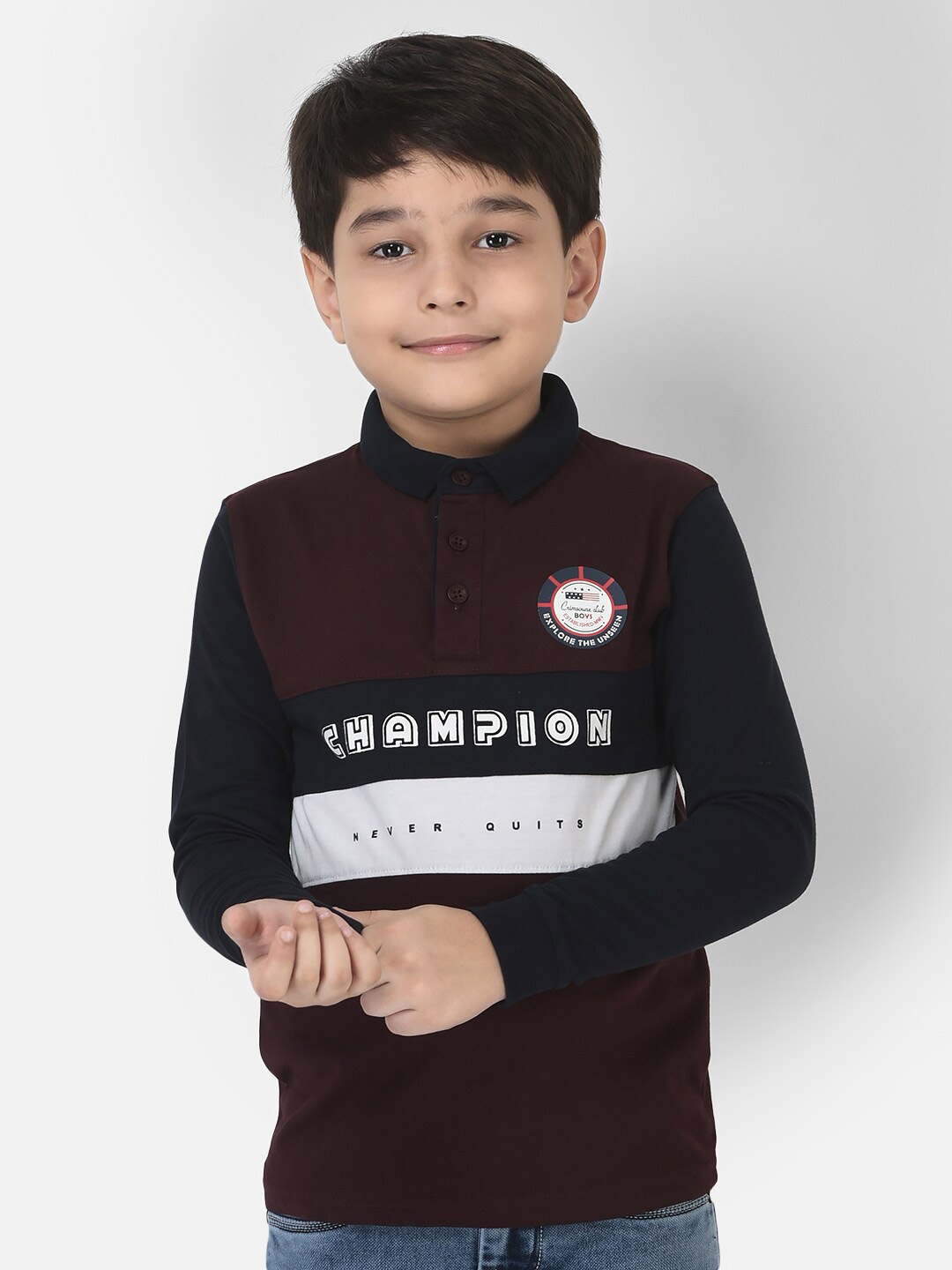 

Crimsoune Club Boys Brown Typography Printed Polo Collar Applique T-shirt