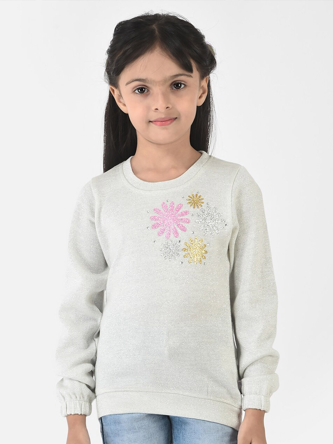 

Crimsoune Club Girls Off White & Silver Floral Printed Pullover