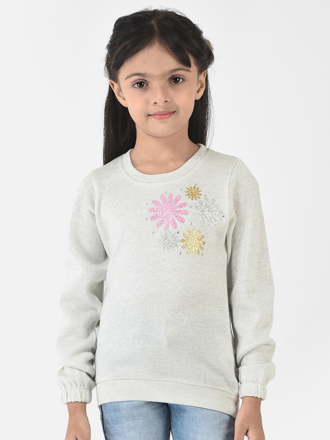 

Crimsoune Club Girls Off White & Silver Floral Printed Pullover