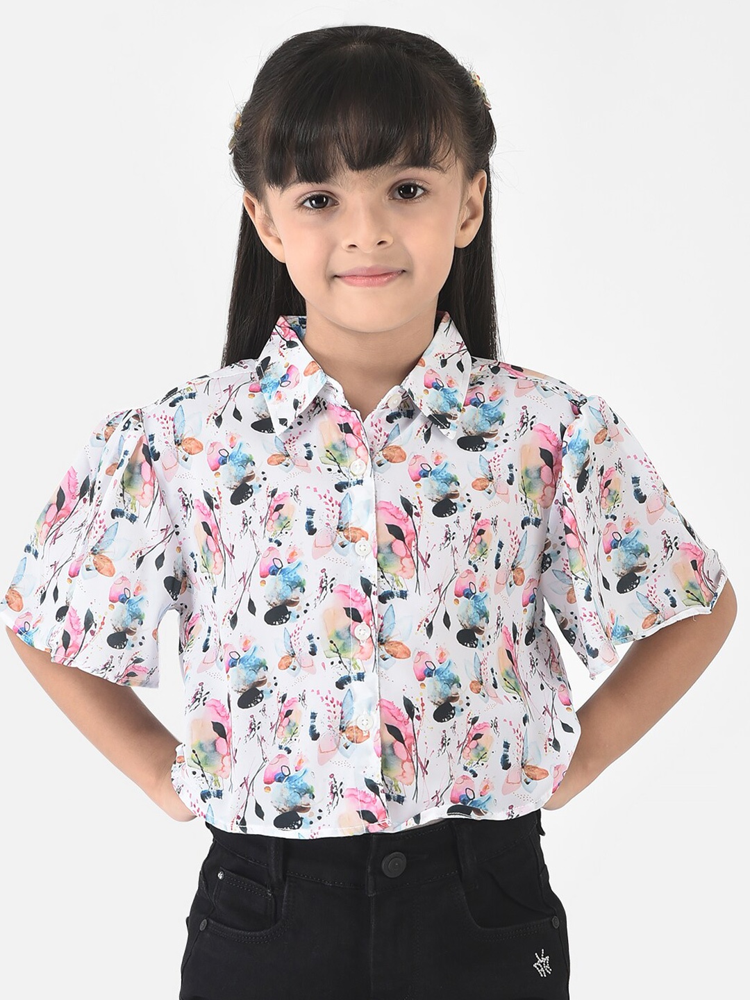 

Crimsoune Club White Floral Print Shirt Style Top