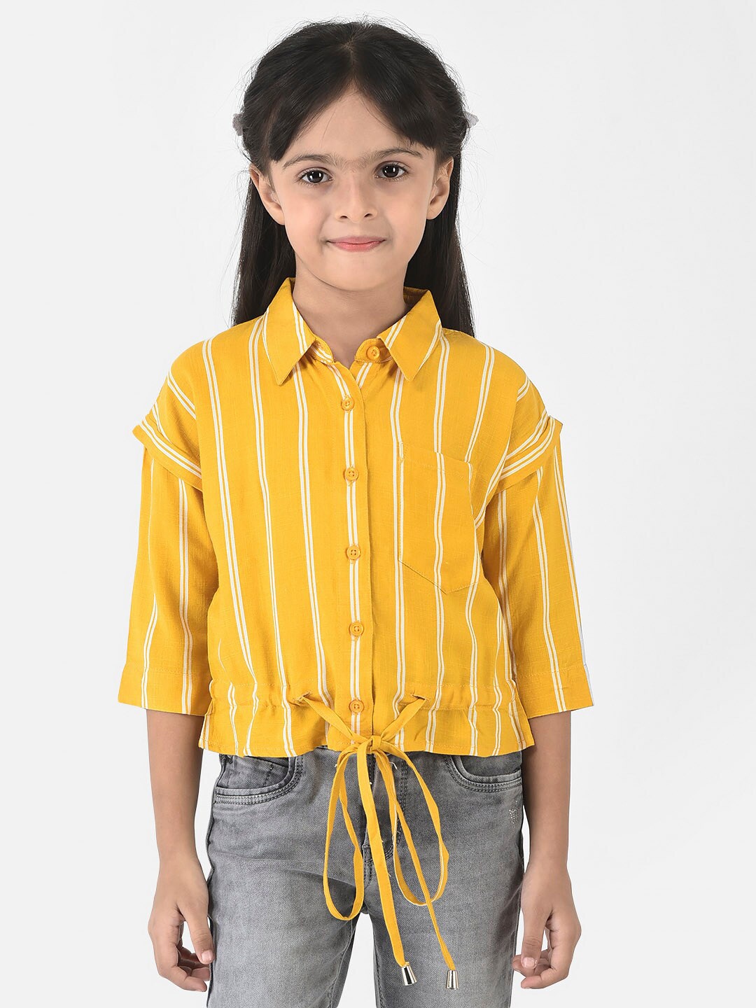

Crimsoune Club Mustard Yellow Striped Shirt Style Crop Top