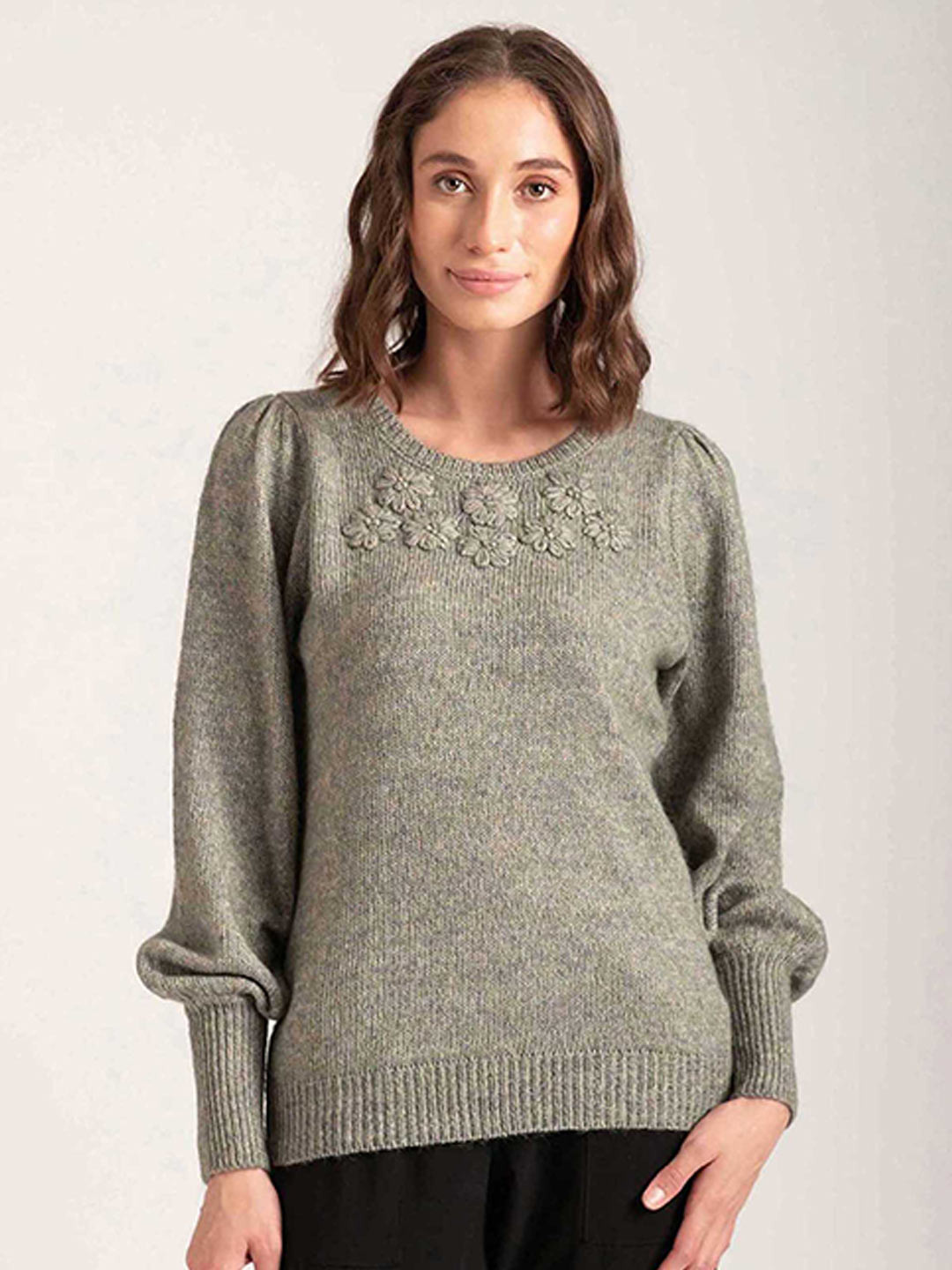 

B Copenhagen Women Olive Green Ribbed Pullover with Embroidered Detail