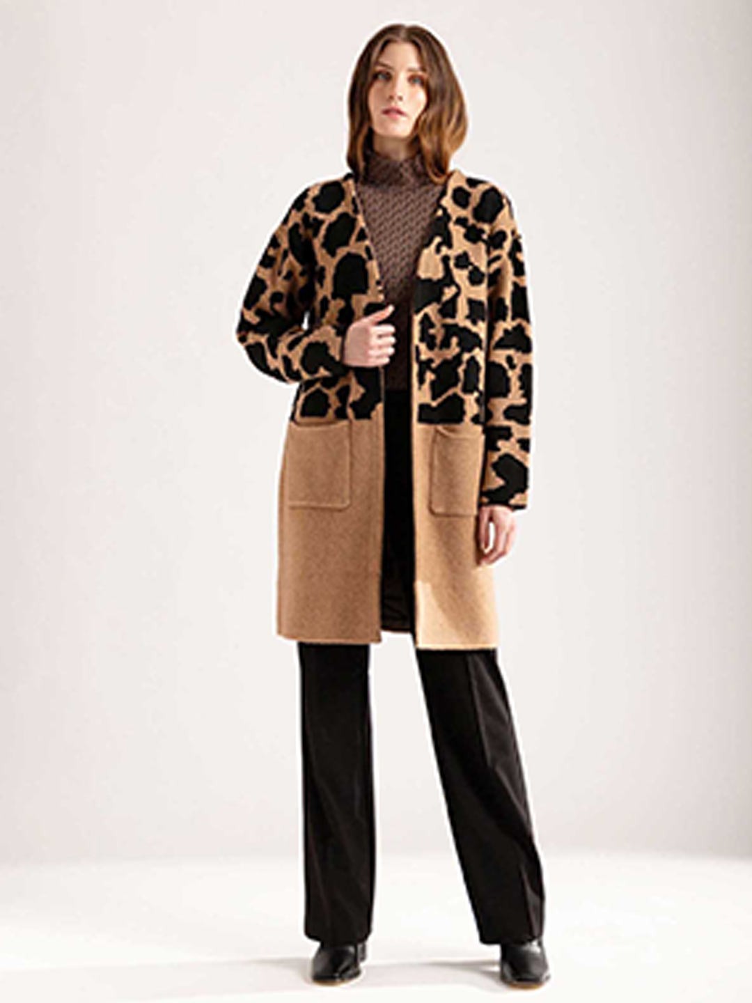 

B Copenhagen Women Brown & Black Animal Printed Longline Sweater