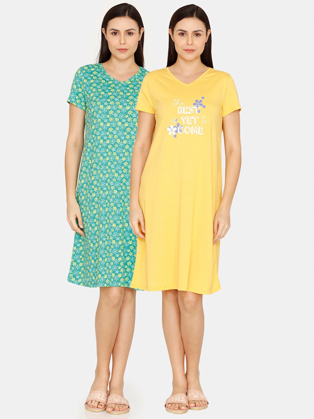 

Rosaline by Zivame Pack Of 2 Printed Cotton Nightdress, Yellow