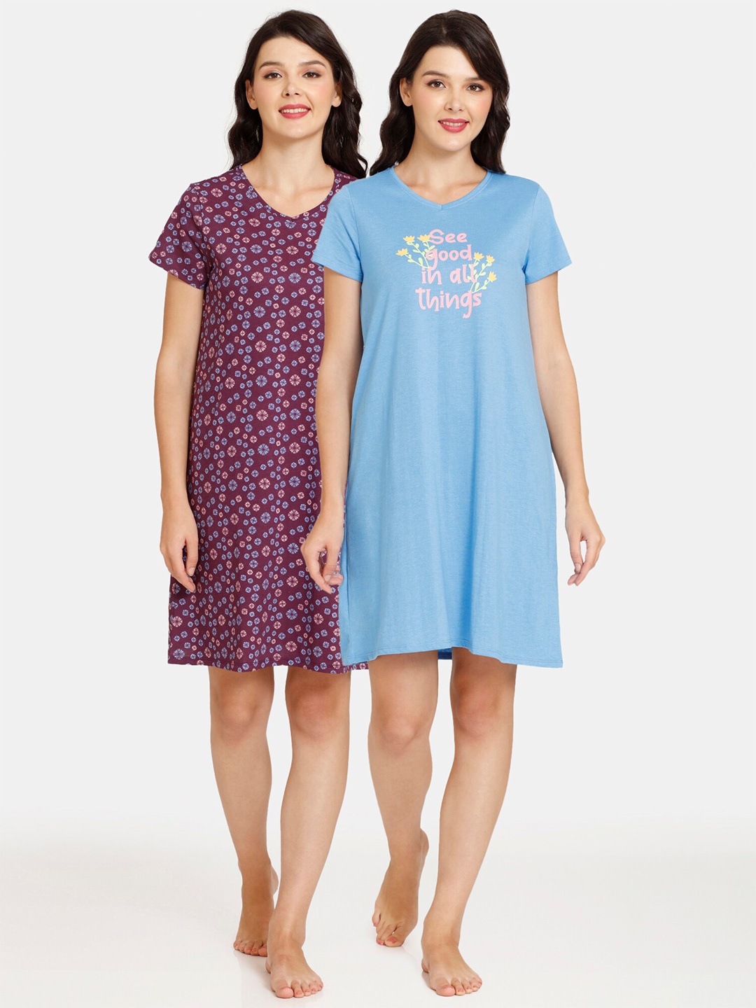 

Rosaline by Zivame Pack Of 2 Printed Cotton Nightdress, Blue