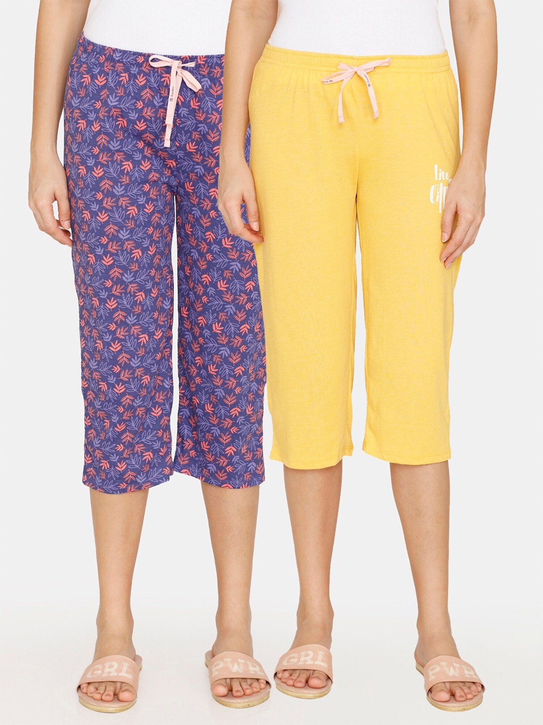 

Rosaline by Zivame Women Pack Of 2 Yellow & Purple Printed Pure Cotton Capris